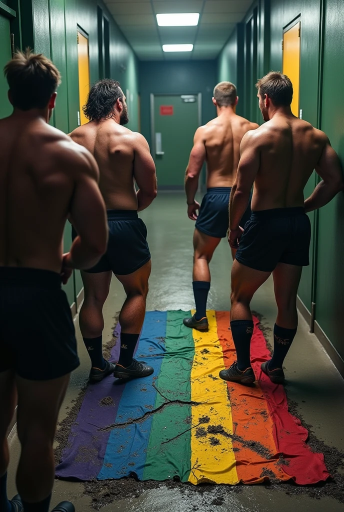 All rugby team , hunk , 30 years, smile , head on , seen from afar , dressed with very very wet transparent white underwear, WET BODY , his member shows through , He is sitting with his legs open next to his friends and teammates in the training room 。muscular , Thick short beard very short hair top-less
