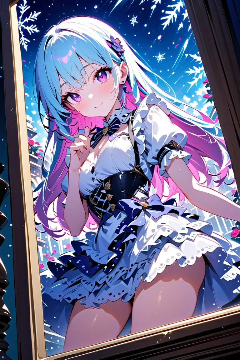 Best quality, 8K, High quality, A high resolution, Keqing (genshinimpact), hairbuns, Purple hair, Twin-tailed, Purple eyes, hair adornments, cone hair bun, Long hair with double ponytail, double bun hair, bangs, bow, (Maid outfit:1.5), maid, maid headdress, Great legs, Stockings, white thighhighs, cleavage cutout, Face focus, Close up, (Heart-shaped pupils:0.9), (Blush:0.65), (1girl huge large breasts, solo:1.4),, Cityscape, Blue sky, Bright sky, Sunny, holding flower, Small breasts, Detailed background, Detailed clouds,Pregnant belly,Showing the belly