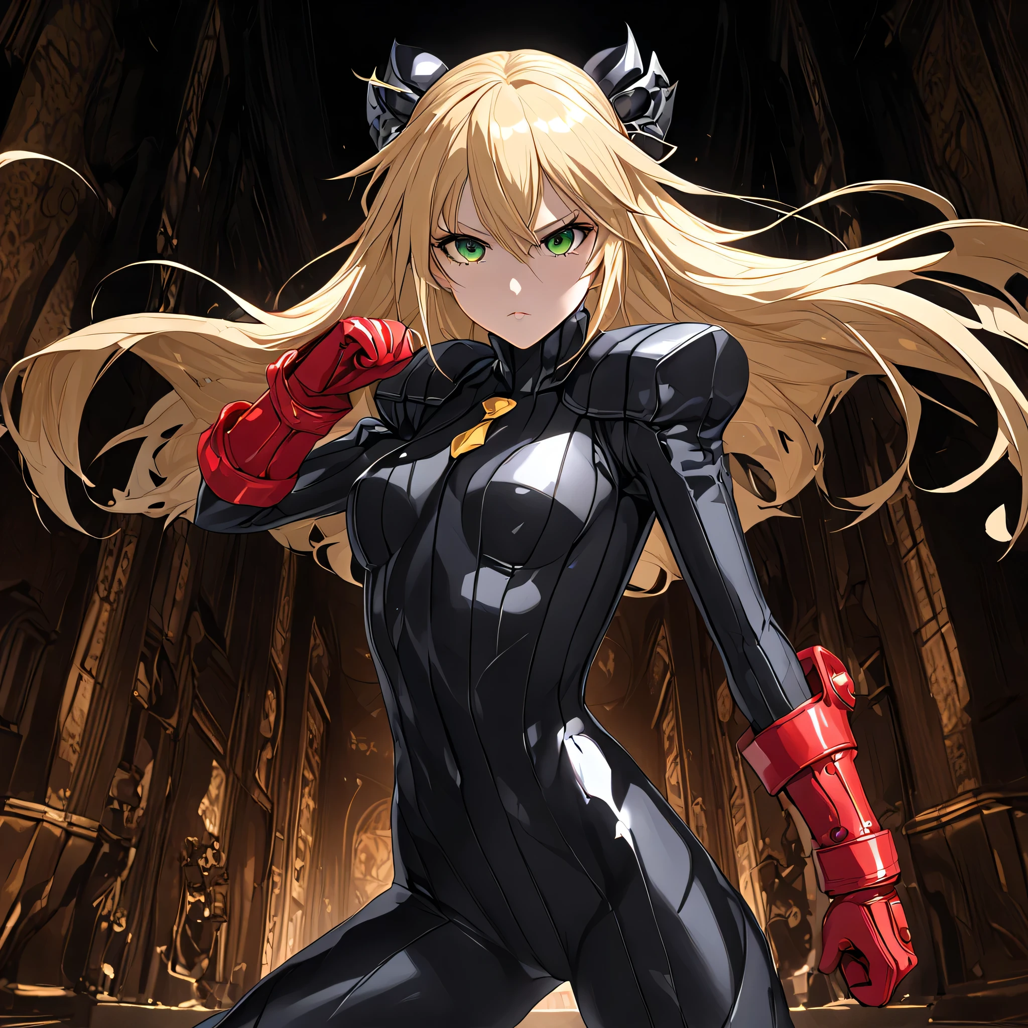 anime, (masterpiece), (best quality), (ultra-detailed), (best illustration), (best shadow), (absurdres), (detailed background), (very aesthetic), shiny, detailed beautiful eyes, outstanding, countershading, detailed soft lighting, an exquisite animation illustration, 1girl, solo, anheang, Dollsuit, thighthigh, dark persona, empty eyes, expressionless, blank eyes, looking at viewer, red gloves, emotionless, Fighting Stance, hair ornament, medium breast, green eyes, blonde hair, long hair,