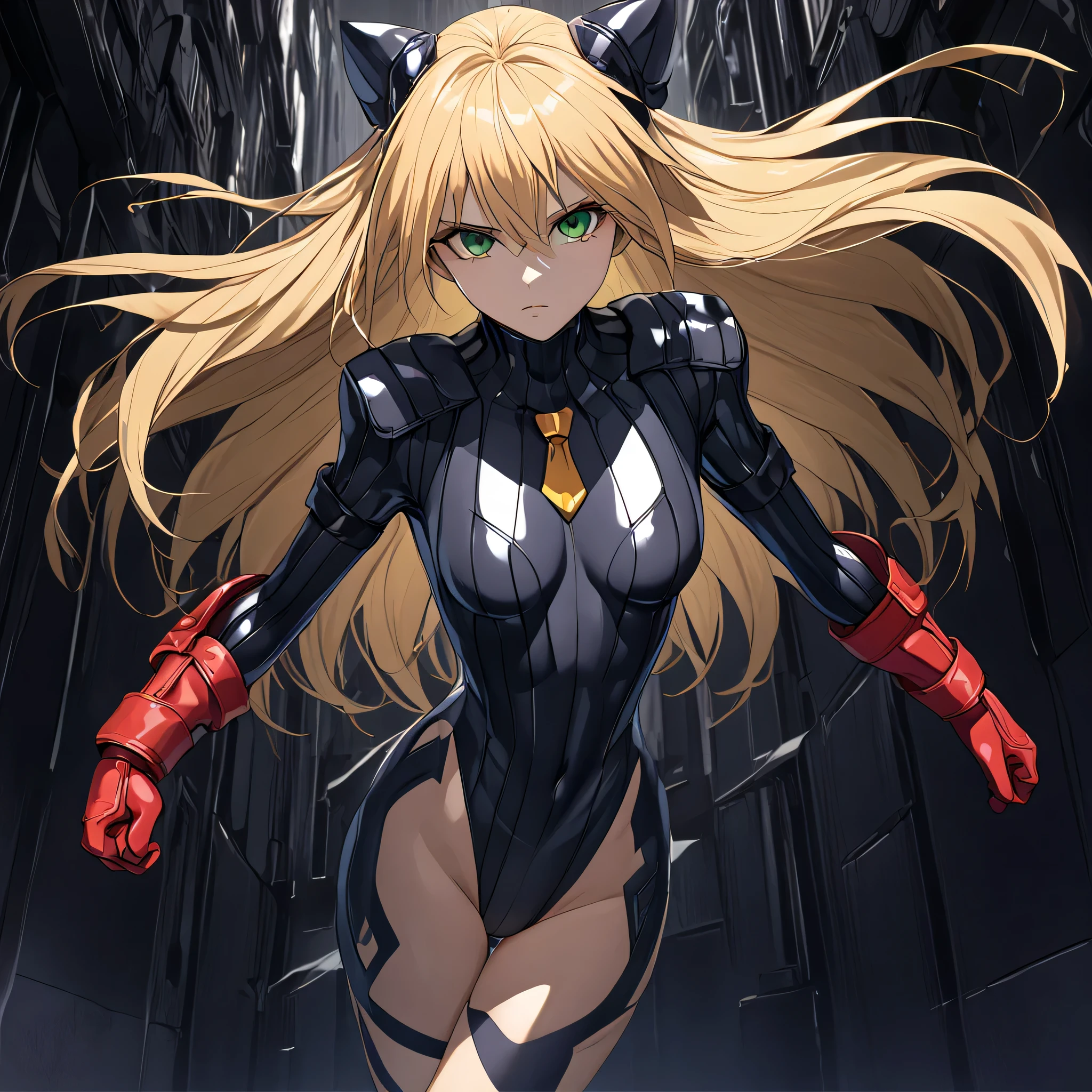 anime, (masterpiece), (best quality), (ultra-detailed), (best illustration), (best shadow), (absurdres), (detailed background), (very aesthetic), shiny, detailed beautiful eyes, outstanding, countershading, detailed soft lighting, an exquisite animation illustration, 1girl, solo, anheang, Dollsuit, thighthigh, dark persona, empty eyes, expressionless, blank eyes, looking at viewer, red gloves, emotionless, Fighting Stance, hair ornament, medium breast, green eyes, blonde hair, long hair,