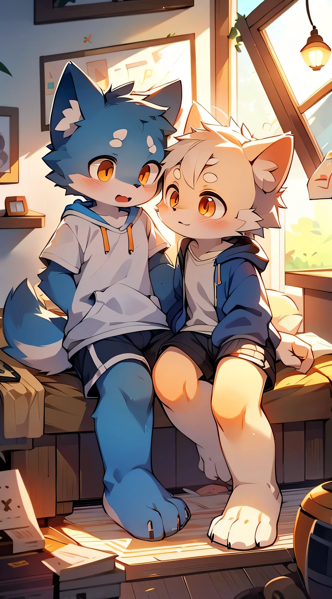 Blue fur, Canine, fox motif, Couple of girls and boys, uniform、Holding hands,The two of them cry,bed,night,sit,