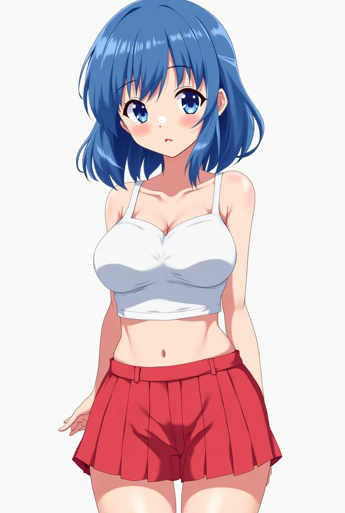 masterpiece, best quality, highres, ram1, 1girl, solo, rem \(re:zero\), blue hair, short hair, red eyes, hair over one eye, ribbon trim, hair ribbon, x hair ornament, frills, crop top white, denim shorts,medium breasts, cleavage, , hair flower, outdoor s, standing, smile, perfect background, perfect light