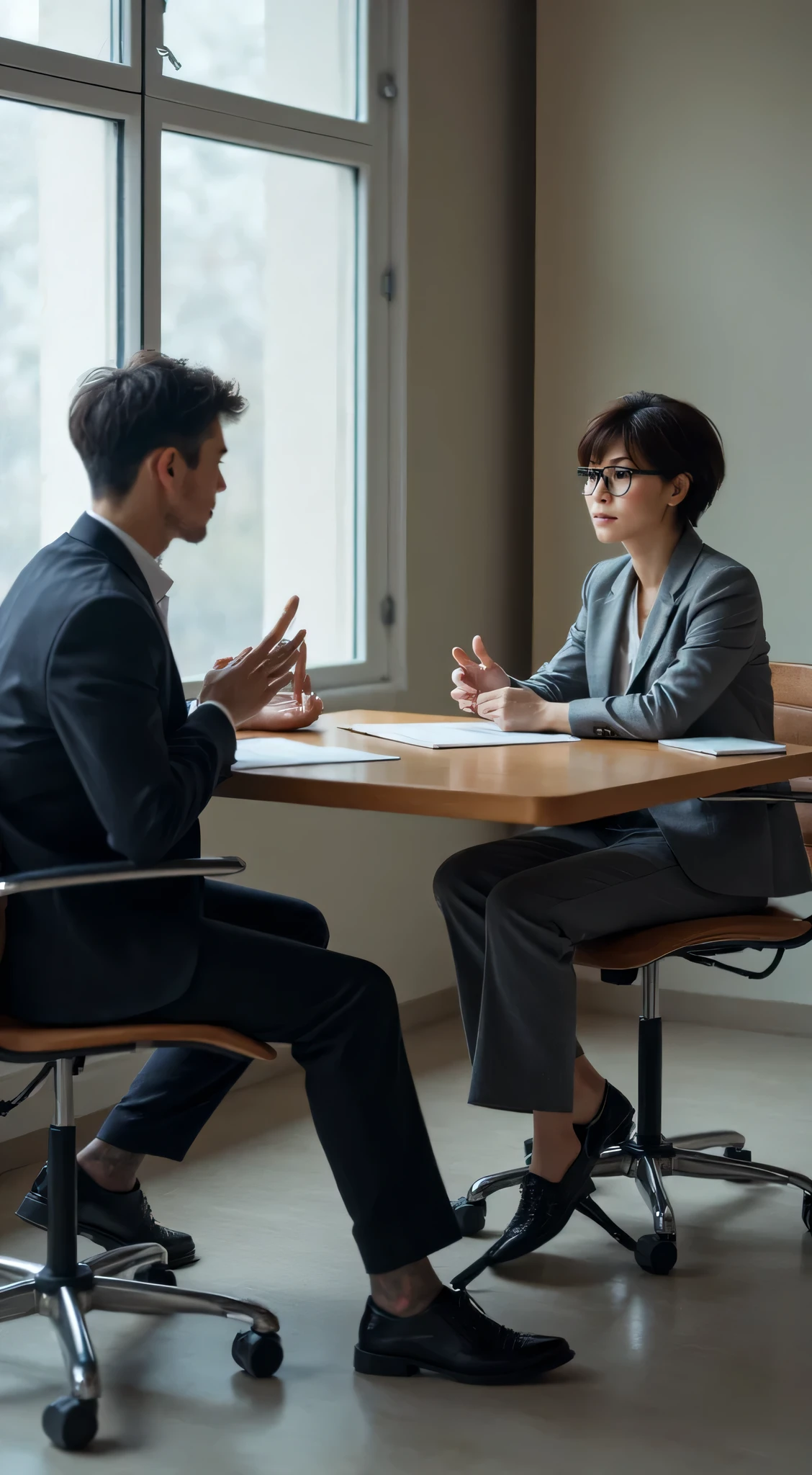  Japanese woman、40 years old、A few wrinkles on the face、 body that makes you feel old、 Skinny Body 、Gray recruitment suit、 very short hair、 tea hair、sit cross-legged in an office chair、I'm having an intimate conversation with a Japanese man