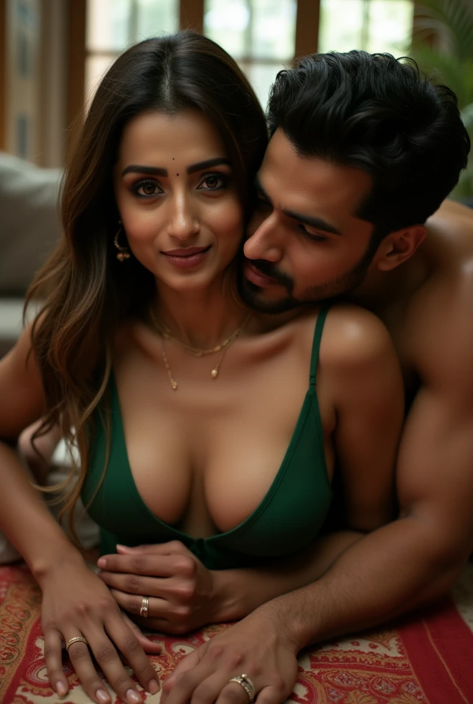 A beautiful gorgeous plump Indian 55-year old woman wearing a thin green bra panty, long hair, huge breasts, hot body curves, smiley face, white skin, laying on sofa with 35 years old handsome man male and female face
