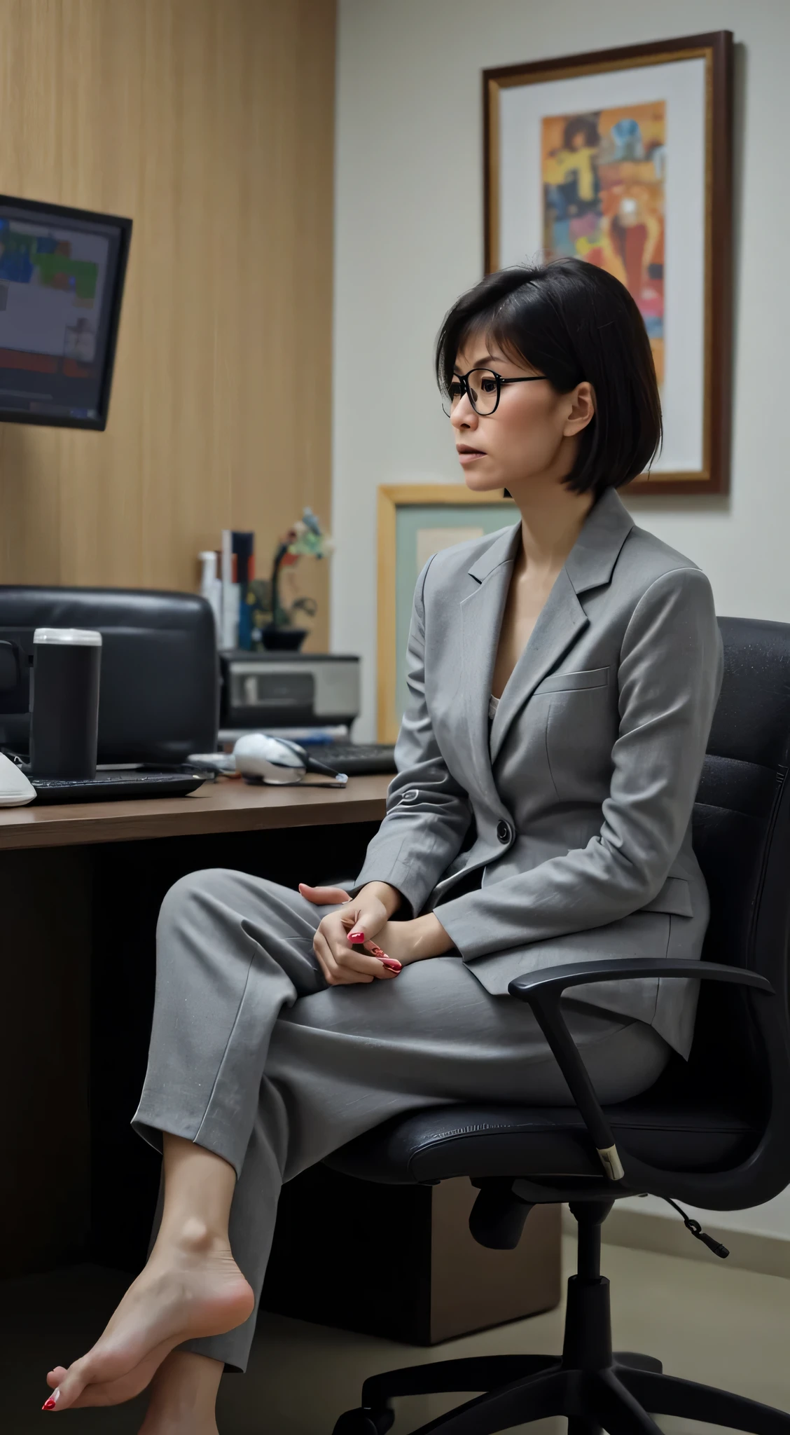 Japanese woman、40 years old、A few wrinkles on the face、 body that makes you feel old、 Skinny Body 、Gray recruitment suit、 very short hair、 tea hair、sit cross-legged in an office chair、I'm having an intimate conversation with a Japanese man