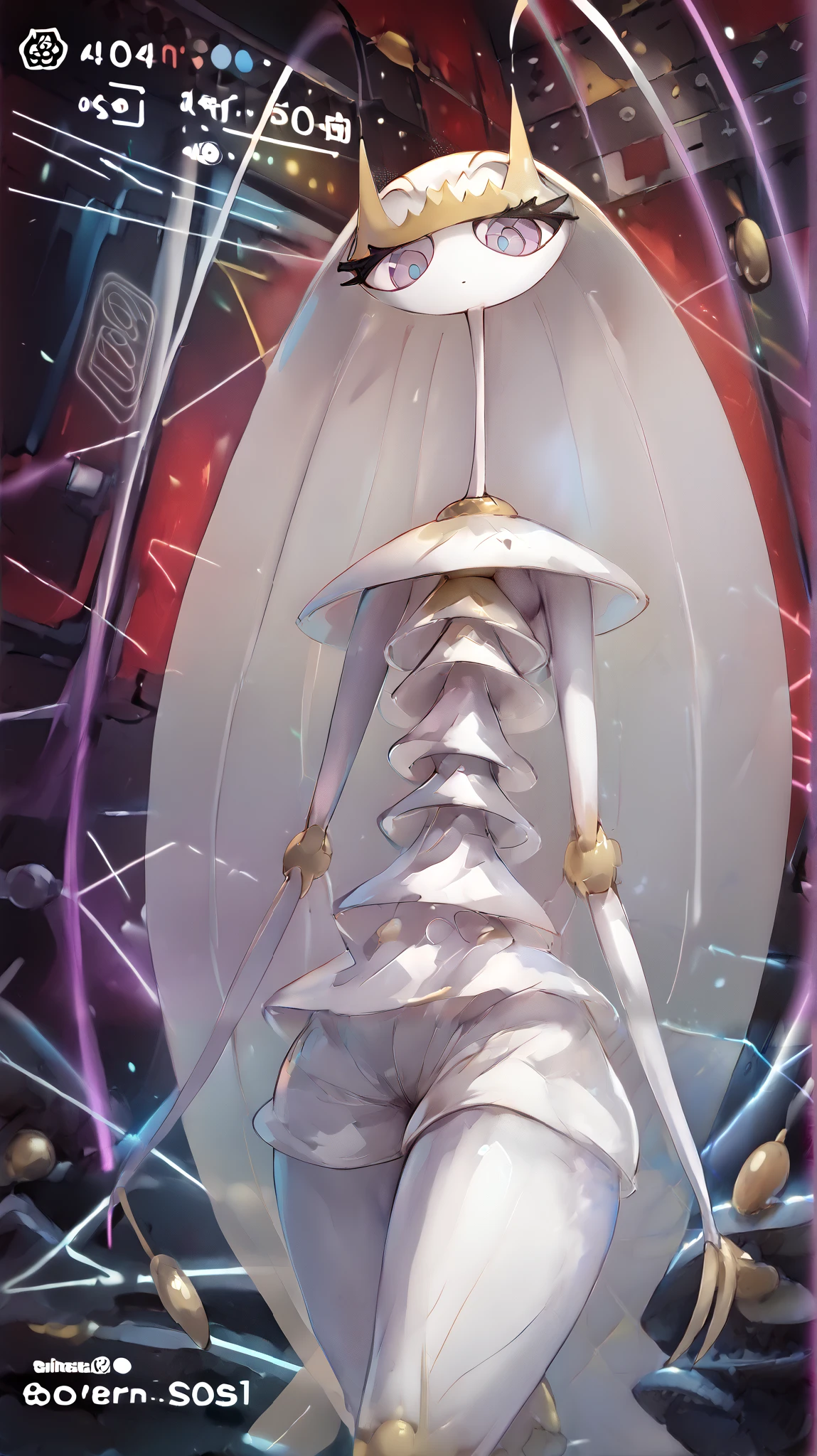 Pheromosa from Pokemon, White Body, (cyber punk wallpaper:1.3), Thin Waist, Very Thin Waist, Wasp Waist, Solo, Aerial View,vibrant colors, cel shading, Simplistic Art Style, looking at viewer, solo,((redscale:1.1)),