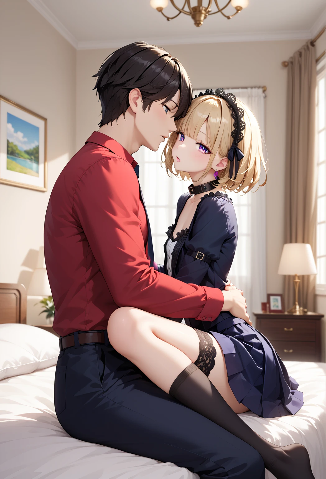 (Tabletop)(High definition)Couple in their 20ale1名, woman1名、Unisex light clothing、woman向けロマンス、Shiny atmosphere、Glossy appearance、Happily、Beautiful poop、Devour each other according to your desires、interview、maleがwomanの胸や体を触る、womanがmaleにキスをする、make out、woman(Brown medium-long hair、Small breasts、negligee、Close ~ eyes)、Sweet Sigh、male(Black short hair、Half-taken off shirt、Show off your legs、強くClose ~ eyes)、background(room、bed、Turn off the light、I closed the curtains.)、The night deepens、dim、((Highest quality)), (Very detailed), (High definitionCG合成8K壁紙), 高いly detailed, 高い-definition raw colbor photos, Professional photography, Written boundary depth,