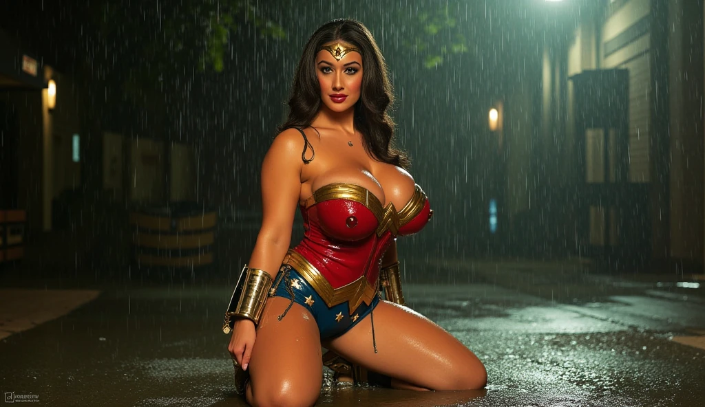 Indian Sexy Woman in Shiny Tight Latex Red-Blue Wonder Woman Bikini, Red Cape, Huge Gigantic Breasts, Huge Gigantic Round Ass, Necklace, Bangles, Leather High Boots, Seductive Eyes, Oily and Shiny Body, Dominating for Sex, Flaunting her Huge Gigantic Semi-Covered Breasts, Dark Semi-ruined Cyberpunk City on the background