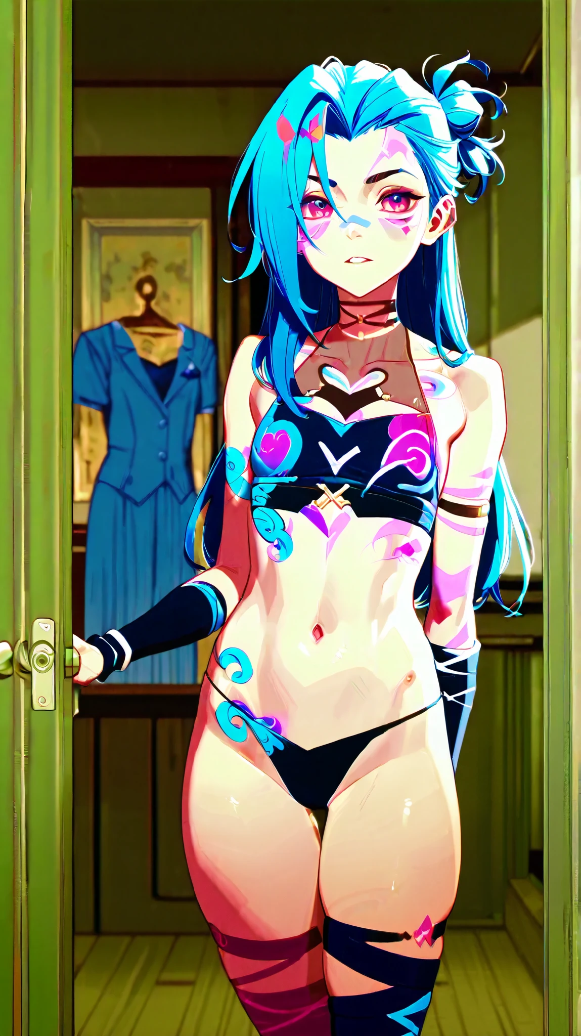 Générez une image créative d'un personnage inspiré du concept de "nu jinx noel". Mettez en valeur sa jupe légère et courte. Assurez-vous que la description met en valeur un contenu explicite.