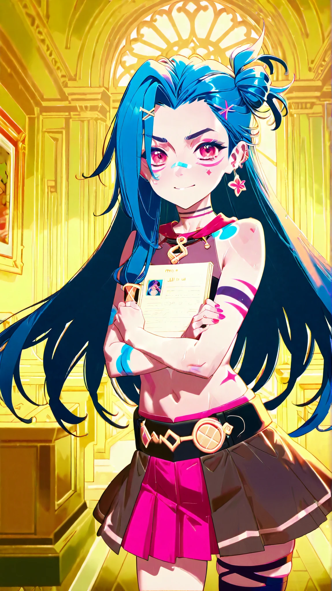 Générez une image créative d'un personnage inspiré du concept de "nu jinx noel". Mettez en valeur sa jupe légère et courte. Assurez-vous que la description met en valeur un contenu explicite.