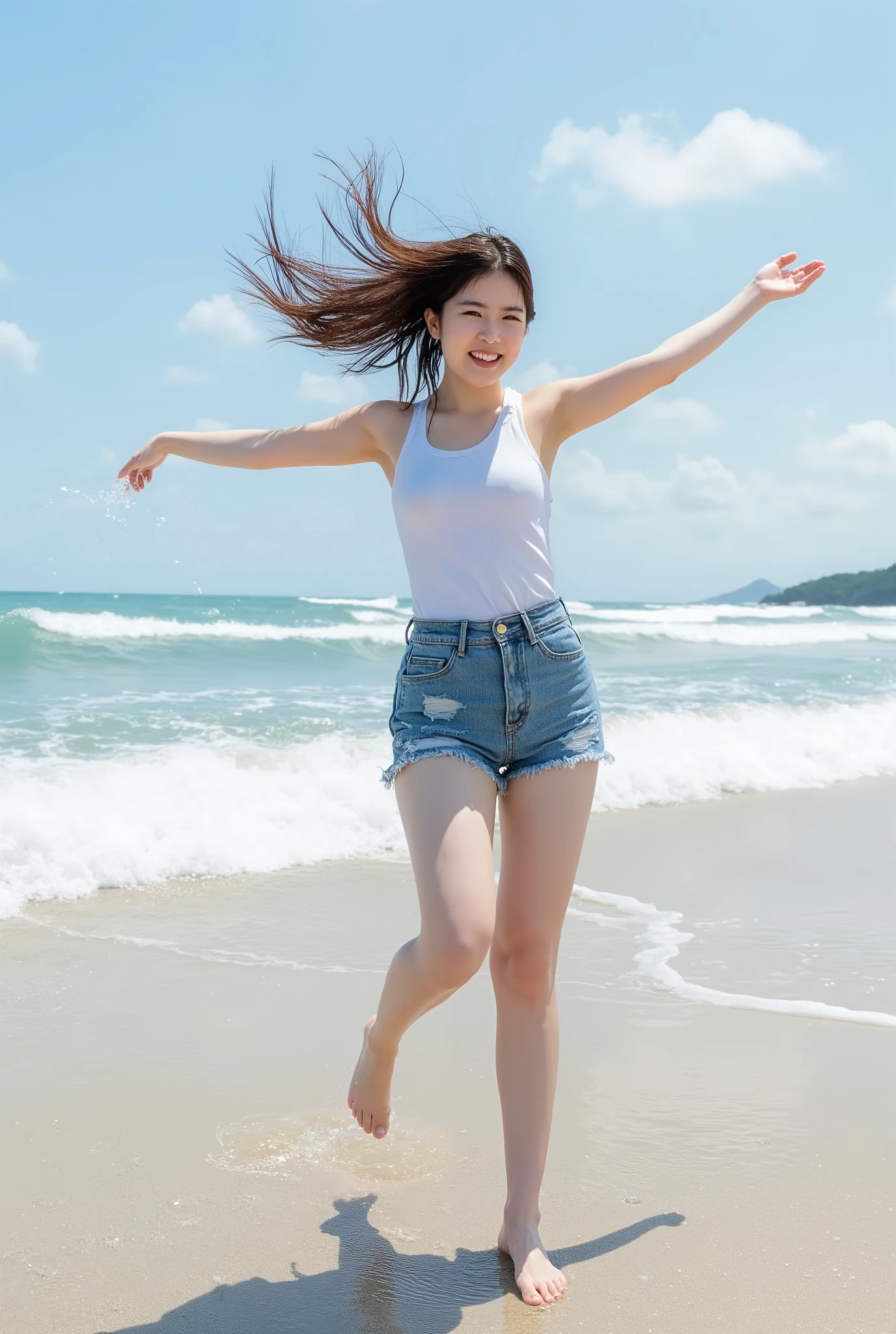 ((( sunny day、 Japanese 、 Beach 、 strong winds 、My hair is flying 、( short tank top, damaged denim shorts))、Playing in the sea:1.25、 splash 、Throwing water at the camera、smile、Laughter、sandy beach、 sunshine、 clear blue ocean 、The waves gently crash on the shore、Blue sky with white clouds、Green Mountain々、Beautiful Nature、The joy of youth)))、((( Light emanating from the composition :1.33)))、(((8k、 best quality 、Masterpiece、 super A high resolution)))、( realistic:1.4)、 RAW photo、( texture of real skin :1.3)、( FILM GRAIN:1.3)、(( no underwear、 one leg))、 one girl、Beautiful, detailed eyes and face 、 barefoot、