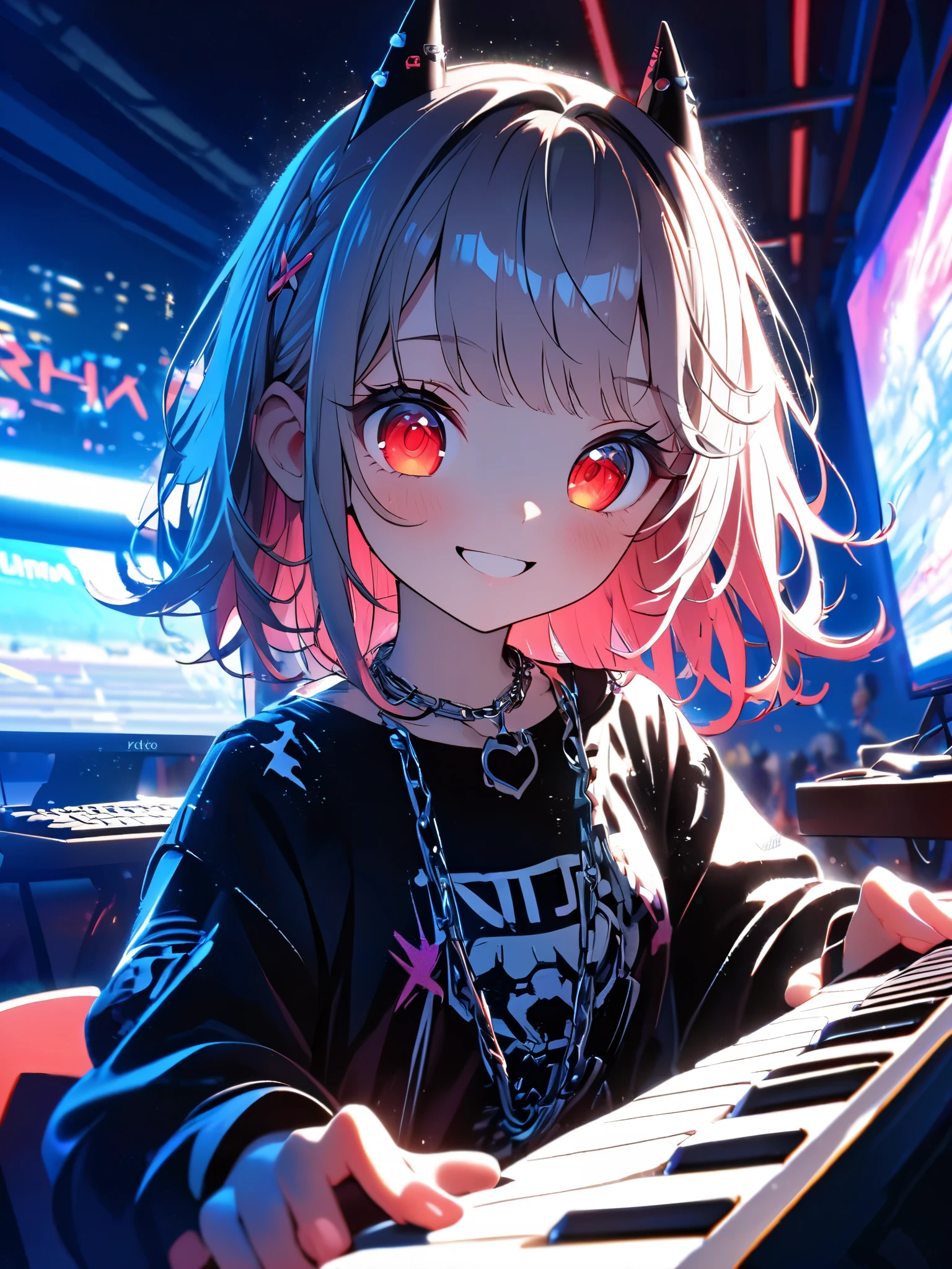 1 girl, a cute dress with a long coat 、 in , beautiful eyes、 keyboard every little detail , Soft light, Masterpiece, Typhoko , complicated , Tone Mapping . Charterner v2 , , clear focus , dramatic lighting , Very cinematic, super Practical painting, art station trend , 8k, の素晴らしい影が付いた keyboard , Practical, whole body, View, Viewers, Portrait of a Girl 1, standing at the racecourse , Heavy rain and thunder、Dark Skies, neon and cyber punk background, she is dressed in punk clothing with silver chains and silver spikes, 彼女の髪teeth黒く染まっている ..........Ominous aura of light, smile, punk, ciber punk, backlit. : cute , . standing at the racecourse , . Beautiful red eyes. cute , keyboard . . teeth . wearing headphones 、 {x}, A girl around 20 is wearing a long leather coat .Breasts are big.Breasts are big