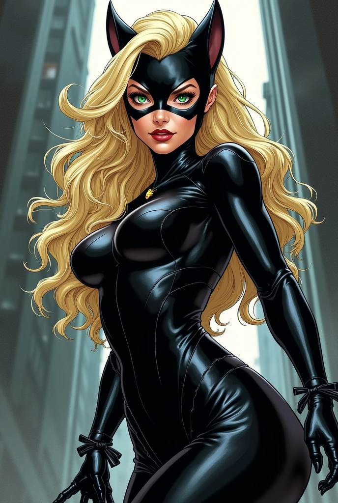 nsfw, painted, comic book style, lineart, full body view of a thin woman (30 years old), FACE OF MARGOT ROBBIE, with very long LIGHT BLONDE HAIR blowing in the wind, curved eyeshadows, furrowed brow, mouth open, with the skyscrapers of the city in the background a (night: 1.4), wearing a BLACK NECKLINE JUMPSUIT (long trench: 1.2), BLACK WIDOW MODEL, boots with buckles on the sides, BIG breasts, BULKY breasts, realistic breasts, perfect hands, 5 fingers on each hand, detailed and very detailed face, detailed eyes, complex eyes, eyes with side reflection, full lips, makeup, inline eyeliner, (very detailed skin, skin details), spectacular lighting, night, sharp focus, 8k UHD, digital SLR, high quality, grainy film, black linear graphics, lowangleview-3000, comics style