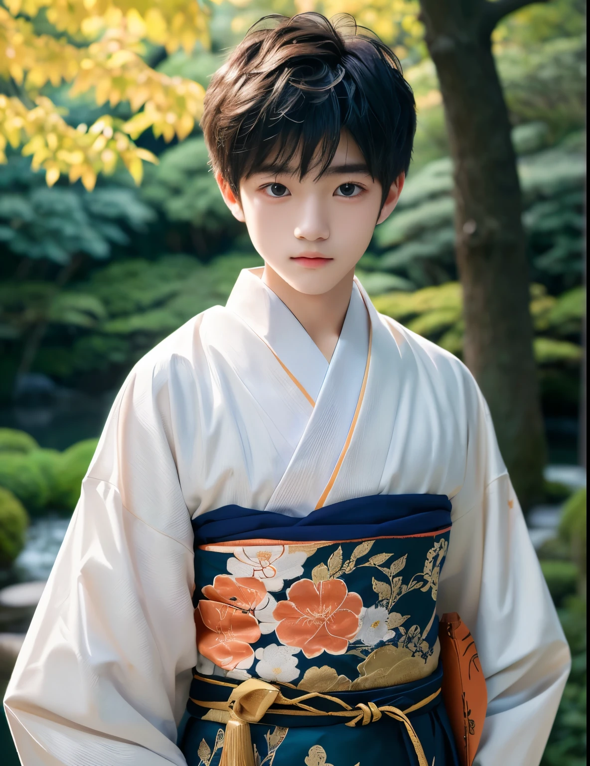  best quality 、 Fantastic、Mysterious、two young boys、 they stand side by side 、 they are Japanese boys 、They wear gorgeous Japanese clothes 、 they give off an innocent vibe、The background is a Japanese garden、