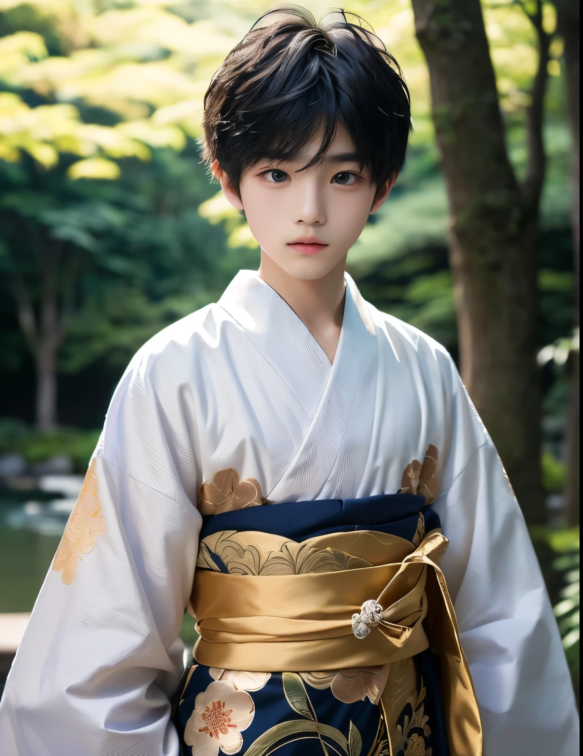 best quality 、 Fantastic、Mysterious、two young boys、 they stand side by side 、 they are Japanese boys 、They wear gorgeous Japanese clothes 、 they give off an innocent vibe、The background is a Japanese garden、