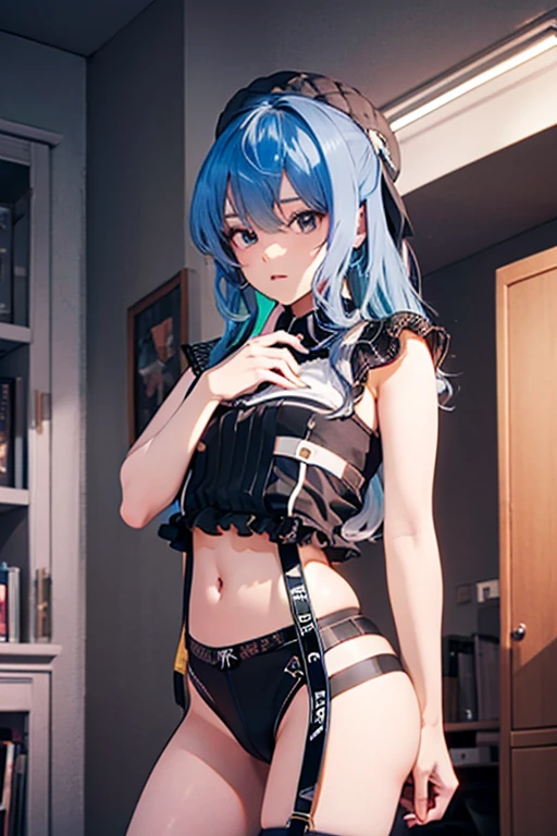(Masterpiece, best quality, high res、highly detailed cg: 1), A scene in which a customer meets a designated sex worker in a waiting room. The scene is seen from the customer's point of view and depicts the sex worker approaching with a professional and friendly smile. The waiting room is simple and has a rugged atmosphere. The sex worker is wearing an attractive outfit and is confident and charming. The sex worker says to the customer, "I'm not a sex worker. Thank you for your appointment. Please come this way." Twin_Turbo_Umamusume, aqua hair, twintails, heterochromia, purple eyes, blue eyes, sharp teeth, multicolored hoodie, hores tails, nsfw, ((Lingerie set, 1girl)), Short stature