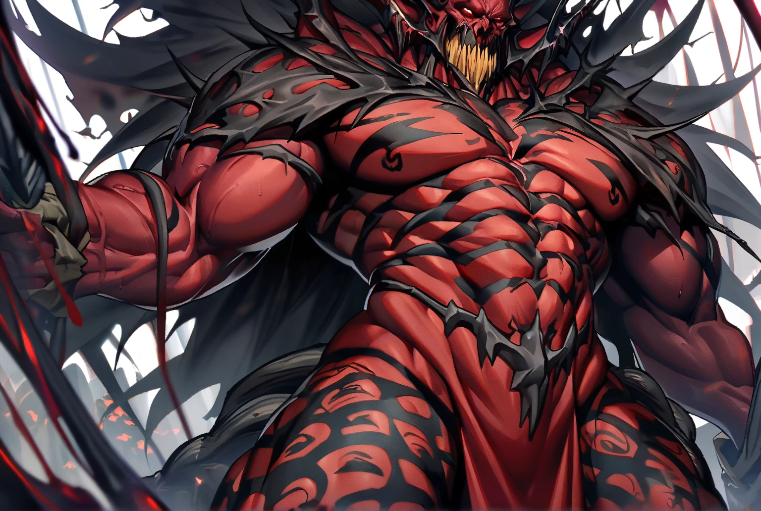 ((intricate design)) Top quality, 16K, High Definition, high-res, ultra sharp, ((masterpiece)), the best quality, expressive eyes, perfect face, Super eyes, masterpiece, (((volumetric lighting))) (((natural lighting))) (((1Male))), ((muscular)), ((bodybuilder)), ((hyper pecs)), thighs, (((textured skin))) god of tentacles, sexy tentacles, tentacle humanoid man, humanoid bodybuilder, hyper pecs, glowing, god rays, melting, lava, volcano, melding, entangled, (((red skin))), Orange Body blushing, blood-red slimy tentacles, lava, liquid lava wet, monster, (((fully red skin tone))) dark wet cave location, elf ears, devilish horns, (((bloom))) silky royalty robes, eldritch magic, scythe, (((male anatomy))) futuristic,