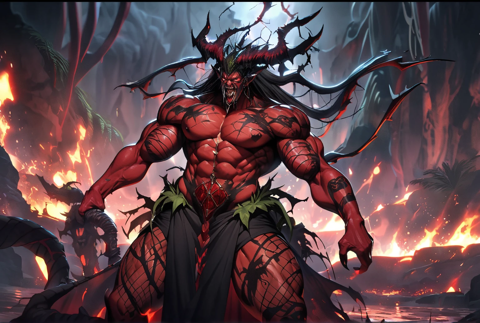 ((intricate design)) Top quality, 16K, High Definition, 16K splash art, high-res, ultra sharp, ((masterpiece)), the best quality, expressive eyes, perfect face, Super eyes, masterpiece, (((volumetric lighting))) (((natural lighting))) (((1Male))), ((muscular)), ((bodybuilder)), ((hyper pecs)), thighs, (((textured skin))) god of tentacles, sexy tentacles, tentacle humanoid man, humanoid bodybuilder, hyper pecs, glowing, god rays, melting, lava, volcano, melding, entangled, (((red skin))), Orange Body blushing, blood-red slimy tentacles, lava, liquid lava wet, monster, (((fully red skin tone))) dark wet cave location, elf ears, devilish horns, (((bloom))) silky royalty robes, eldritch magic, scythe, (((male anatomy))) futurisic,