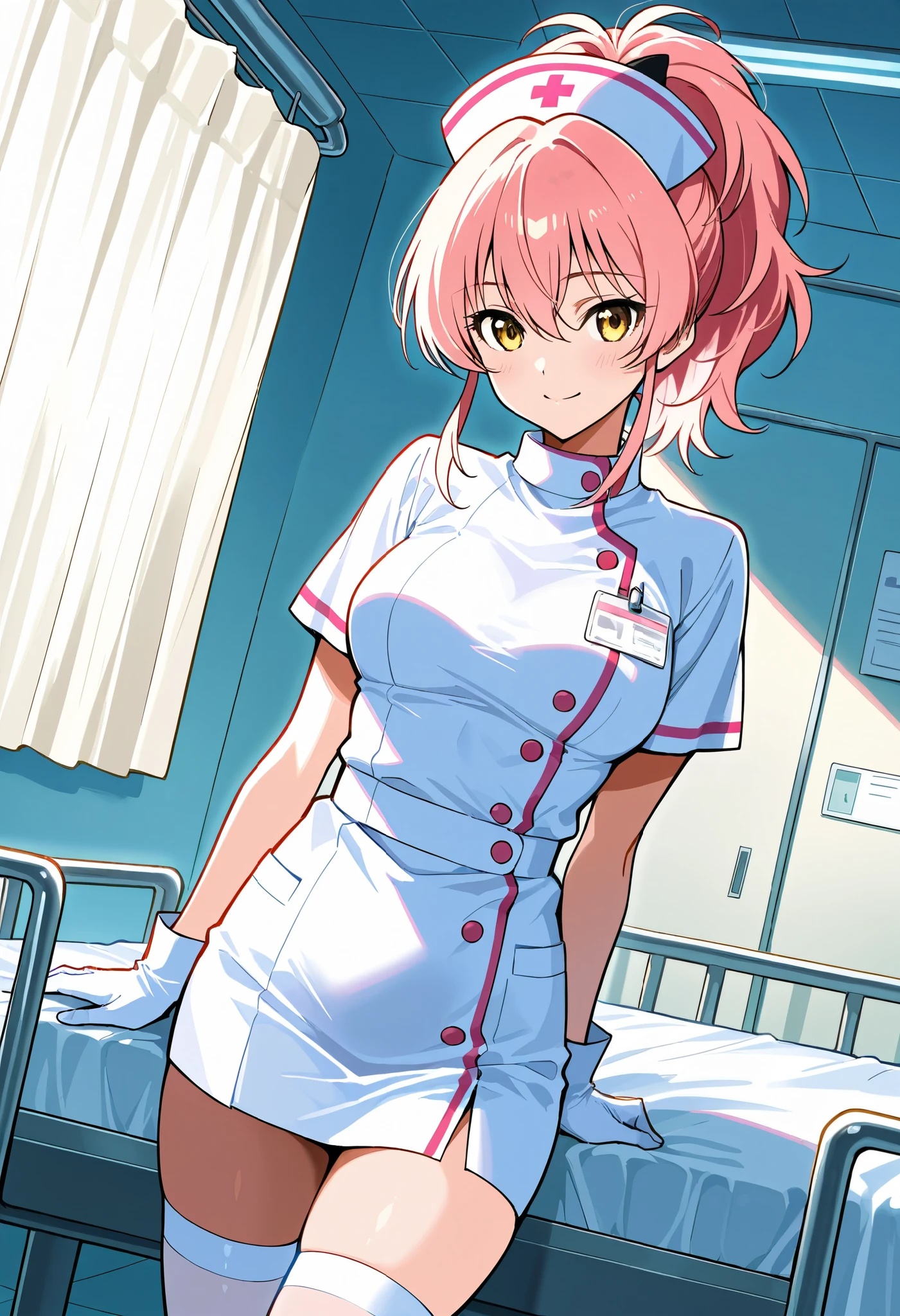 score_9, score_8_up, score_7_up, source_anime, mika jougasaki, pink hair, yellow eyes, ponytail, (best quality), (high quality), {masterpiece}, extremely delicate and beautiful, ultra-detailed, beautiful detailed eyes, nurse, nurse hat, ((white nurse's outfit)), white gloves, white legwear, zettai ryouiki, hospital room, smile, closed mouth, standing
