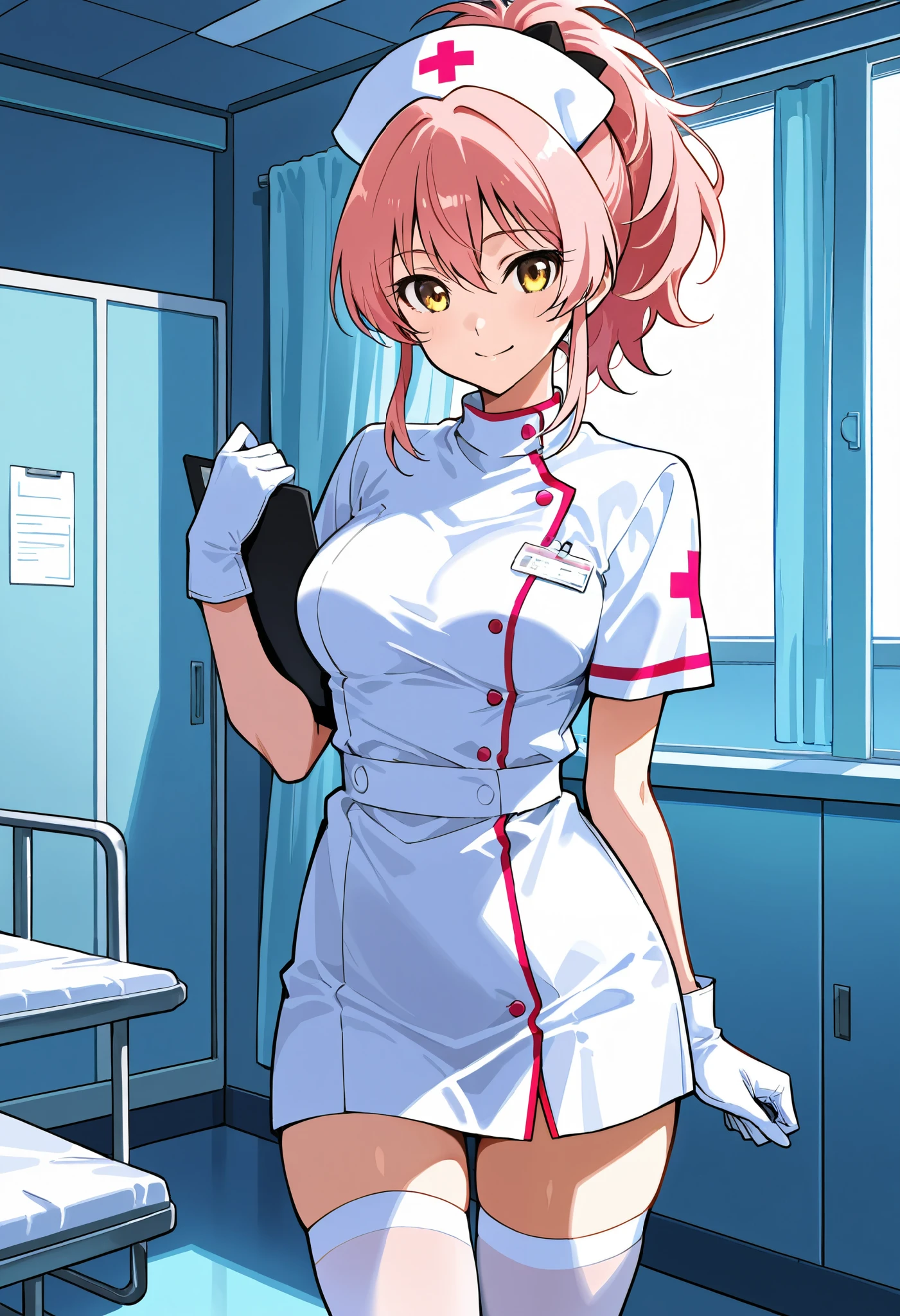 score_9, score_8_up, score_7_up, source_anime, mika jougasaki, pink hair, yellow eyes, ponytail, (best quality), (high quality), {masterpiece}, extremely delicate and beautiful, ultra-detailed, beautiful detailed eyes, nurse, nurse hat, ((white nurse's outfit)), white gloves, white legwear, zettai ryouiki, hospital room, smile, closed mouth, standing