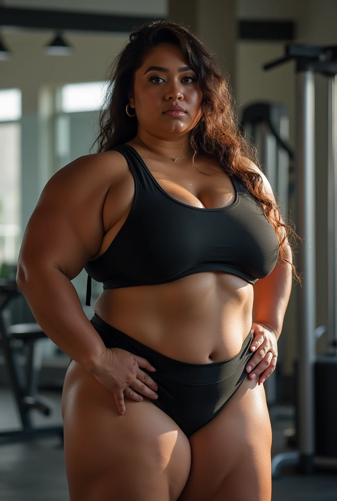 Indian Full body picture, Wet BBW PAWG CHUBBY CURVY FAT ASS CURVY woman her big ass in THONG and big cleavage in sports bra, lipstick,shoes, inside gym