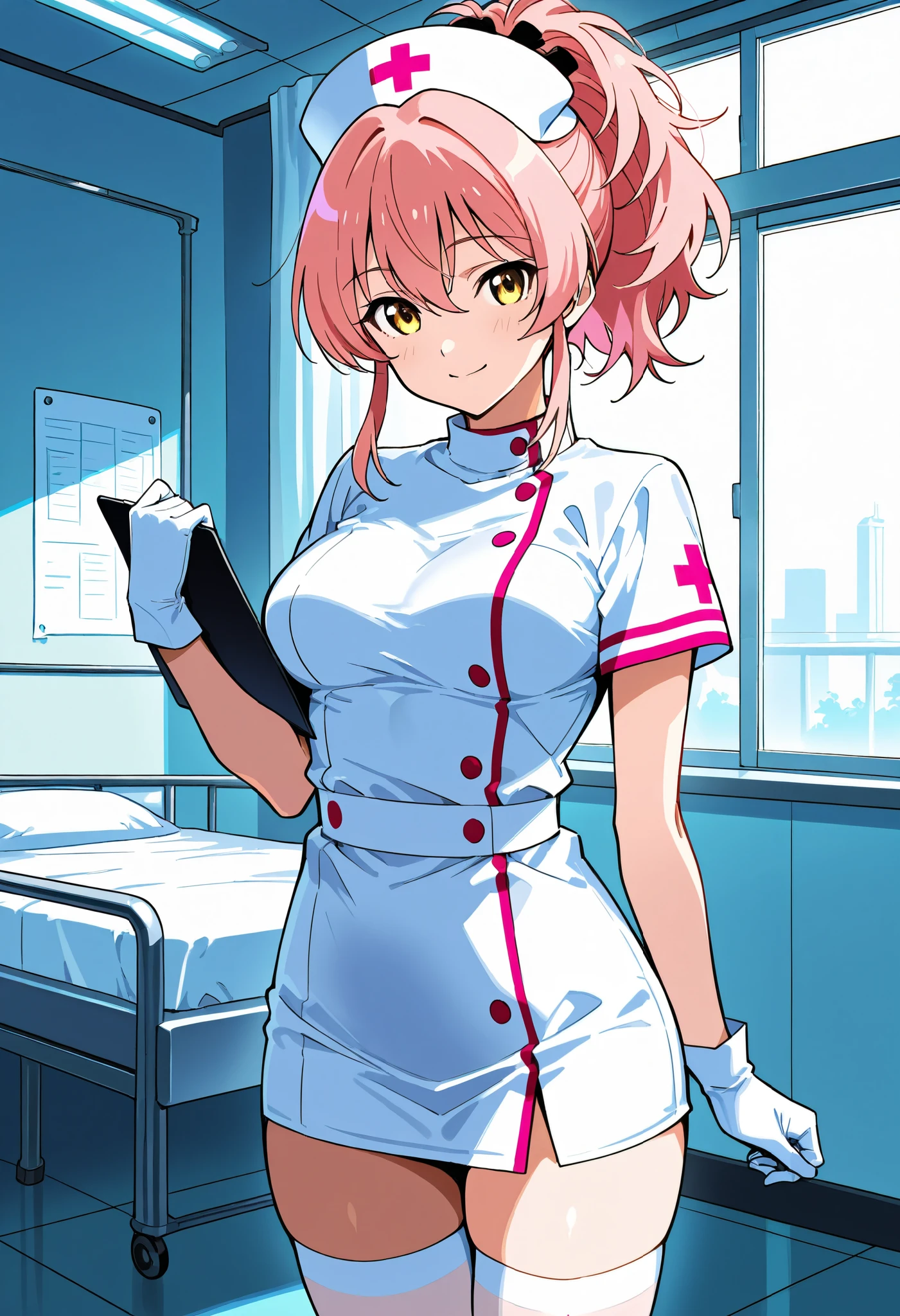 score_9, score_8_up, score_7_up, source_anime, mika jougasaki, pink hair, yellow eyes, ponytail, (best quality), (high quality), {masterpiece}, extremely delicate and beautiful, ultra-detailed, beautiful detailed eyes, nurse, nurse hat, ((white nurse's outfit)), white gloves, white legwear, zettai ryouiki, hospital room, smile, closed mouth, standing
