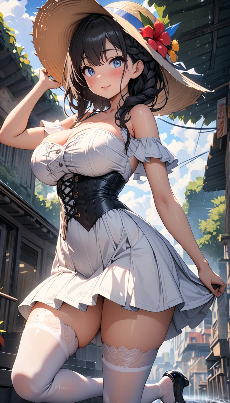 (1girl in), Long Wave Hair、dark brown hair, Amazing face and eyes,(natural make up)、(Brown eyes), medium large breasts、(High school uniform with wide open chest:1.1)、bared chest, (amazingly beautiful girl), Styliška Chusha、Ruffle style costumes, (Maid Cafe Costume, Pleated mini-skirt:1.5), (Best Quality:1.4), (Ultra-detailed), (extremely detailed CG unified 8k wallpaper), ((Stylish maid café)), Maid Cafe Popular Staff, (Pink lace panties:1.2)、(((The skirt is rolled up by the wind)))、((facing back))、((buttocks visible))、((embarassed expression))、Butt sticking out pose