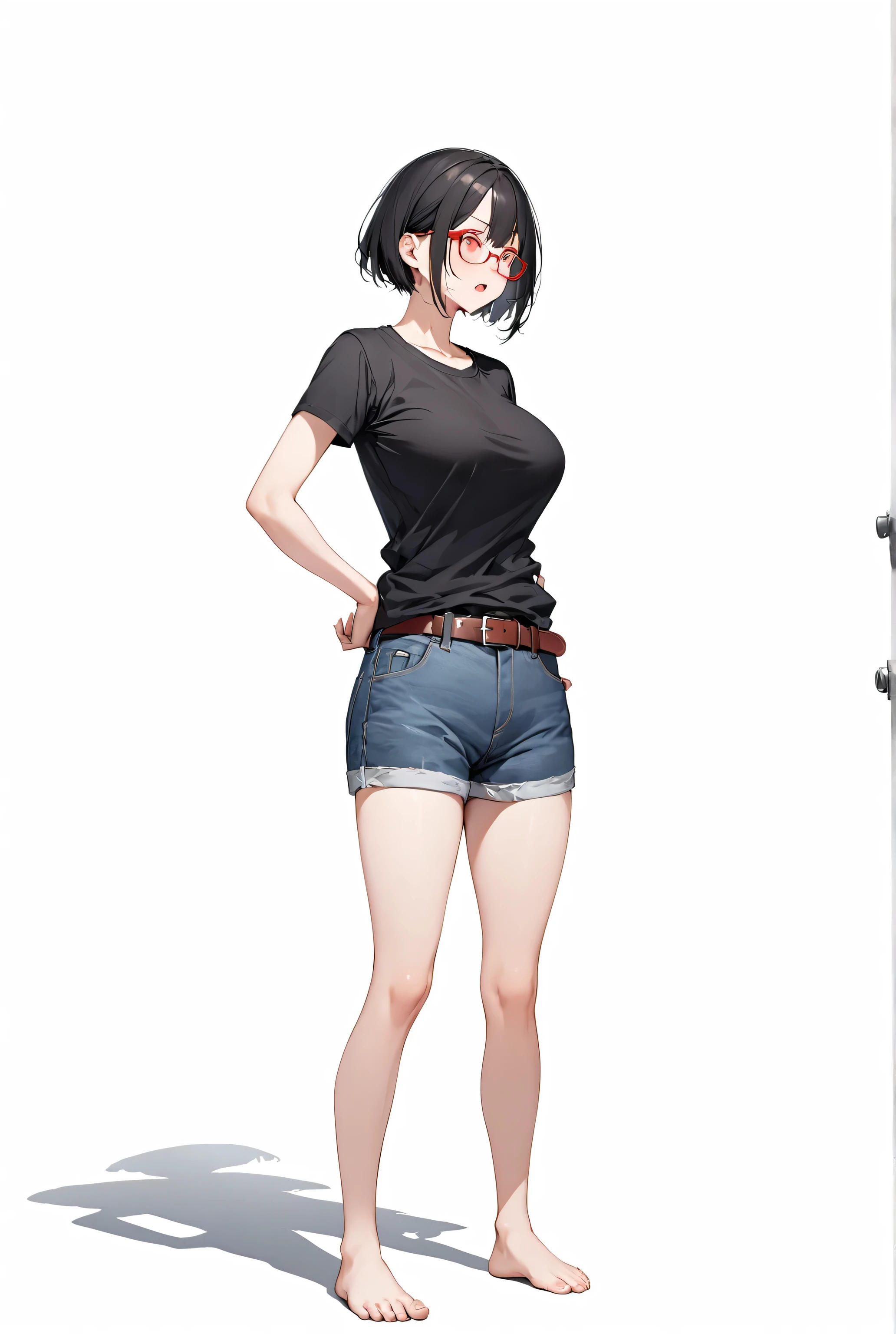 Full body, A body as thick as a man's, Solo, Realistic, Sexy Asian face, scornful eyes, Swollen face, Ripped black denim pants, Japanese face, Legs focus, 1 woman, mature woman++, age 32, wide shoulder, short sleeve T-shirt, Black Denim pants, thick tights, short hair, Collar cropped hair, cardigan, adult woman, Short legs, Long upper body, Thick waist, low rise black denim pants, ((Small breasts and fat and short leg)), ugly nerd face