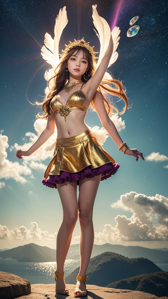 ((best quality)), ((masterpiece)), (ultra detailed lights), ((full body shot)), ((tall skinny body)), teen girl, extremely beautiful, perfect eyes, ((slim body)), thighs gap, ultra face details, 20 years old, ((orange curvy-hair)), ((hair blown by strong winds :1.3)), Award-winning photograph, ((symmetrical pose)), teen goddess with (golden sword) in ((full body golden black armor)) are in the middle of battlefield, posing in the middle, intricate details, ((thight golden armour)), ((extremely details armor)), ((tight latex panties)), ((24k-gold armor)), ((edge luminous armor)), cameltoe, luminescent, epic lights reflections, ((Athena's golden bow), at beach, full of stars, orange clouds, nebula sky, epic aurora borealis in the background, shooting stars, ((from below))