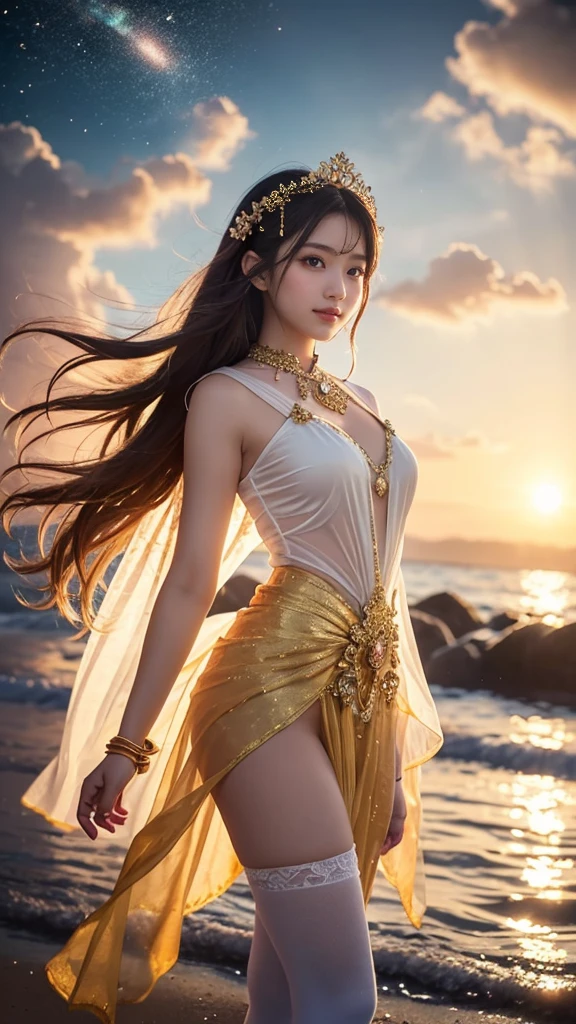 (masterpiece, Ultra-Quality, Ultra-detailed, award-winning photorealistic art:1.2), artstation, (a young Greek goddess Aphrodite:1.3), (standing waist-deep in the sea:1.2), waves, beach, intricate details, superb young woman, white wet translucent tunic, beautiful slim and muscular body, head slightly tilted, looking at the camera, Greek jewelry, sexy posture, sexuality, sexy and cheerful smile, blush on cheeks, glowing skin, big shining eyes, hair blowing in the wind, sunset, colored complex background, hyperdetailed, ray tracing,