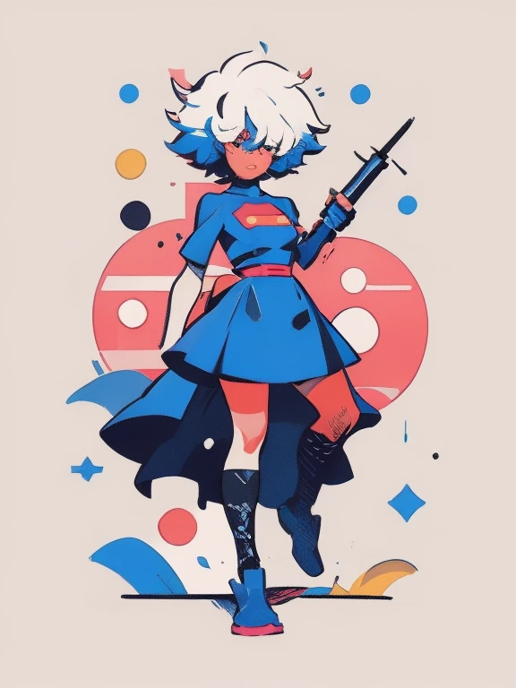 masterpiece, best quality, ultra detailed, high res, 8k, Line Art, Flat Colors, 80 pop style, 40yo, 1girl, dress, , DATSUN4 20Z, shinobu jacobs, white hair, (big hair, messy hair, afro:1.2), hair over one eye, thick eyelashes, dark skin, flat art, full body, risograph