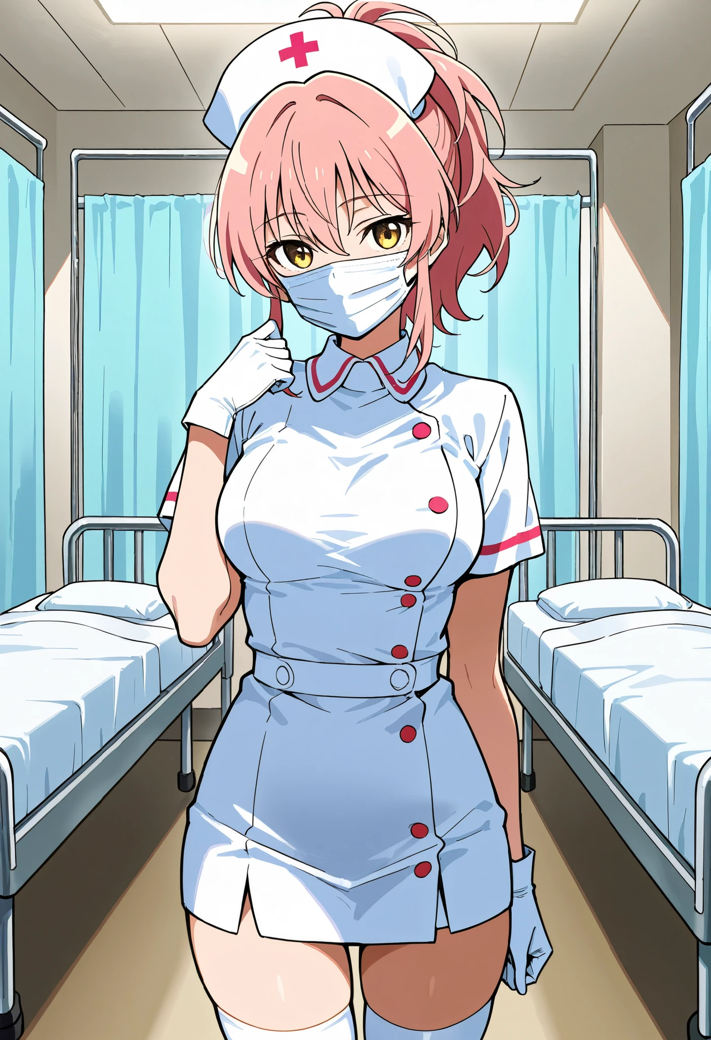 score_9, score_8_up, score_7_up, source_anime, mika jougasaki, pink hair, yellow eyes, ponytail, (best quality), (high quality), {masterpiece}, extremely delicate and beautiful, ultra-detailed, beautiful detailed eyes, nurse, nurse hat, ((white nurse's outfit)), white gloves, white legwear, zettai ryouiki, hospital room, ((white surgical mask, covered nose)), standing