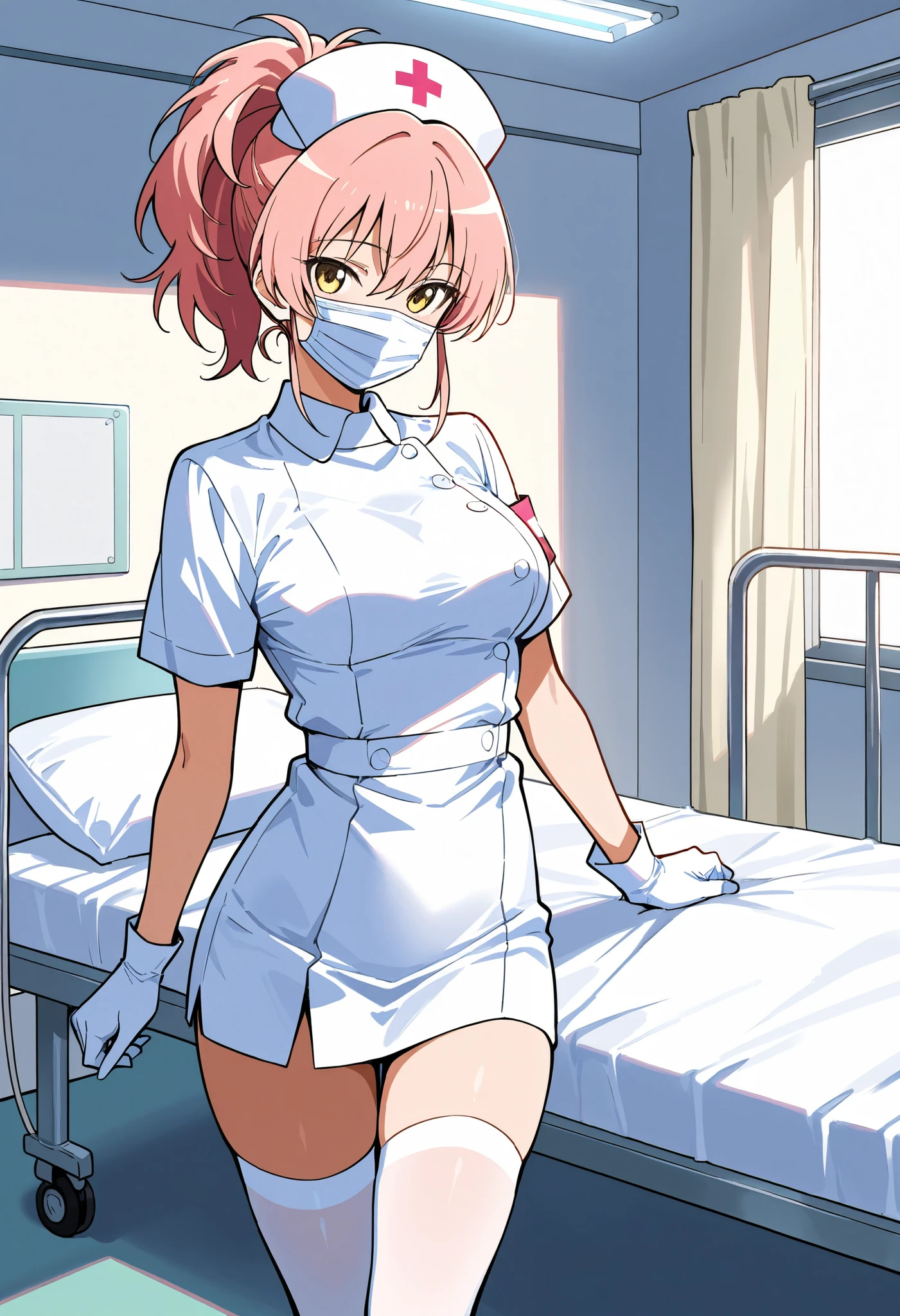 score_9, score_8_up, score_7_up, source_anime, mika jougasaki, pink hair, yellow eyes, ponytail, (best quality), (high quality), {masterpiece}, extremely delicate and beautiful, ultra-detailed, beautiful detailed eyes, nurse, nurse hat, ((white nurse's outfit)), white gloves, white legwear, zettai ryouiki, hospital room, ((white surgical mask, covered nose)), standing