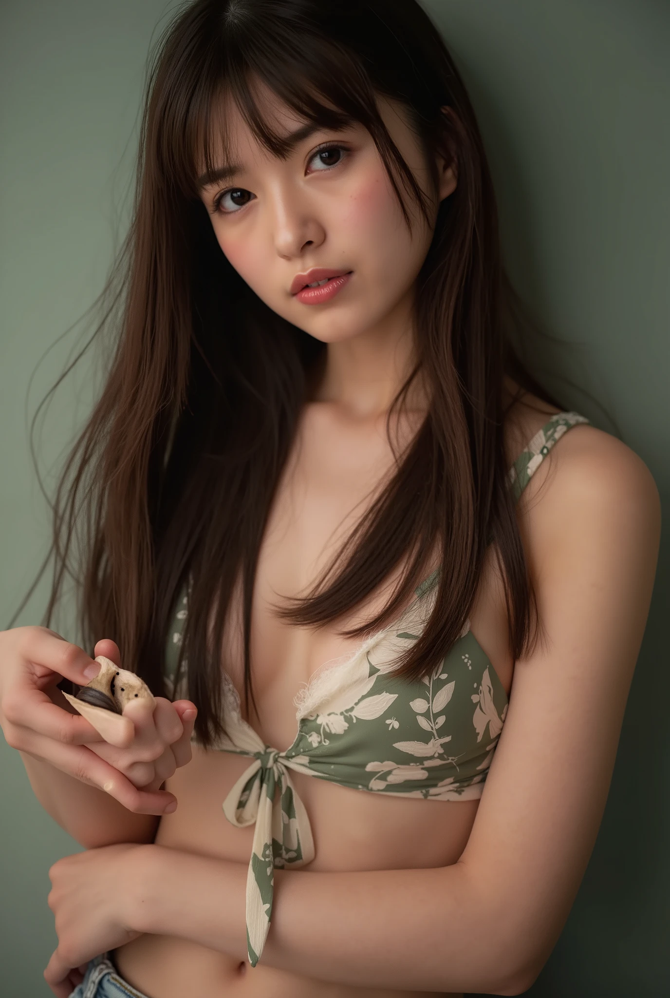 nsfw, Girl and  (extremely_big_chest),   beautiful eyes in every detail  ,  beautiful detailed lips , extremely detailed face,  long eyelashes ,  erotic ,  sensual, Intimate,  enchantment, ( best quality ,4K,8k, high resolution,Masterpiece:1.2), ULTRA DETAILS,( realistic,photo realistic,photo- realistic:1.37), bright color,  chiaroscuro lighting ,  dramatic lighting,  movie, (Floral bikini top,  damaged denim shorts))、 full body image 、