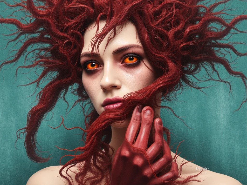 mysterious characters of humble demeanor walk amidst a blend of vibrant colors and intricate styles. Inspired by the likes of Francis Bacon and Anton Semenov, this extreme close-up scene is an ode to pop surrealism. With a touch of chiaroscuro, Egon Schiele's influence can be seen in the portrayal of a Femme Fatale ruling over this magical land. A grand description in the styles of Herakut and Iris Van Herpen sets the stage, with a dark cloudy sky adding a creepy allure. The focus is on a girl's face, her big eyes and open mouth expressing fear or surprise. Featuring character caricatures with exaggerated facial features, red hair, and a funny expression reminiscent of Matt R and Jim Lee, this image showcases teeth, a giant tongue, enlarged lungs, and exposed guts in a cinematic documentary film still. Captured in epic realism with highly detailed 8K resolution, the street style and vintage photo aesthetics highlight an abstract