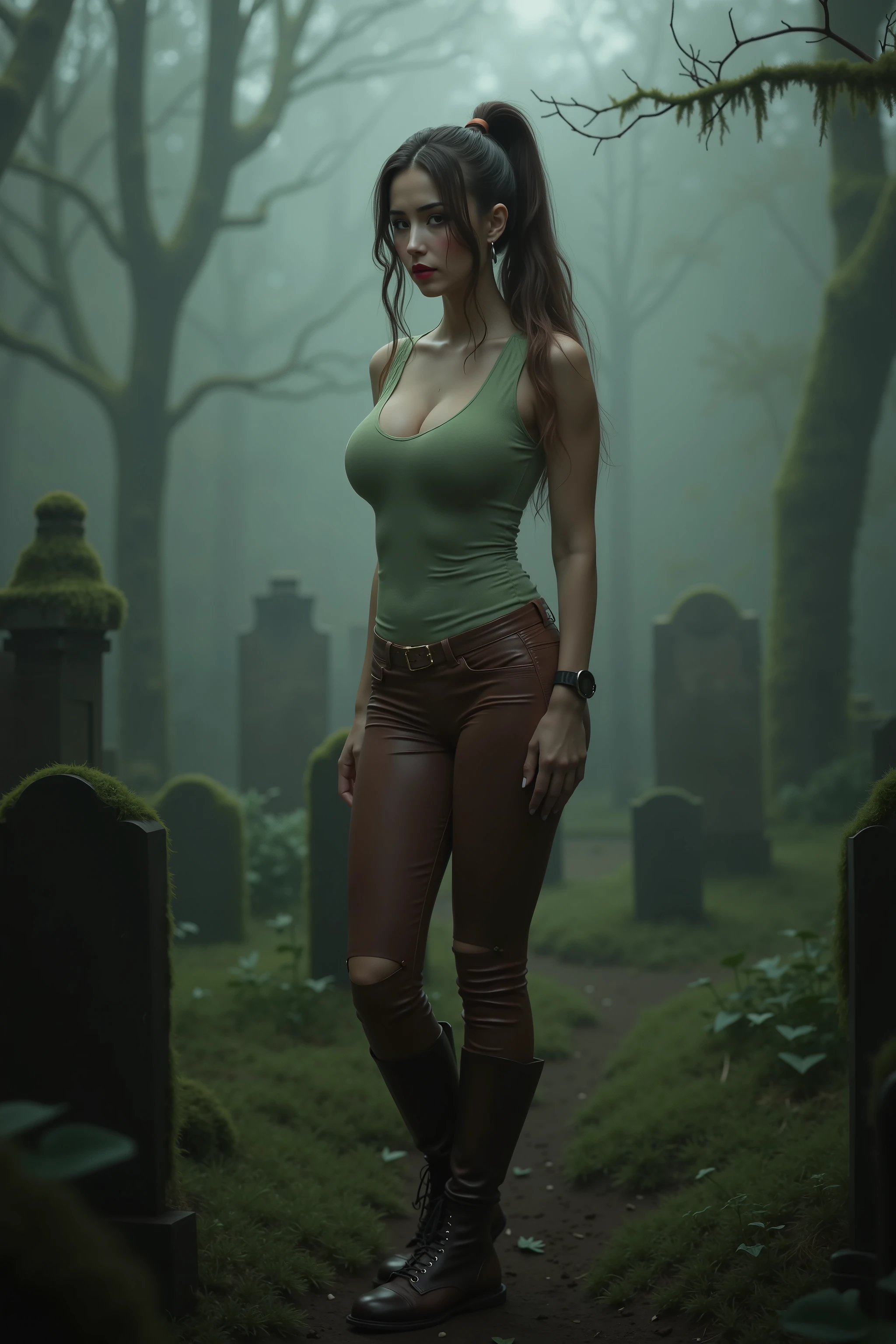 (realistic, photorealistic, photorealistic:1.37 ), horror, dark and gloomy atmosphere with dramatic lighting, Foggy environment, Mossy trees, detailed facial expressions, long wavy hair, Horrible fog, full body lara croft, long brown ponytail, brown eyes, high arched eyebrows, long graceful neck, red lips, large breasts, short tight brown leather pants, pale green sleeveless torn T-shirt, leather boots, in an ancient cemetery overgrown with abandoned plants, standing with his back among the graves,