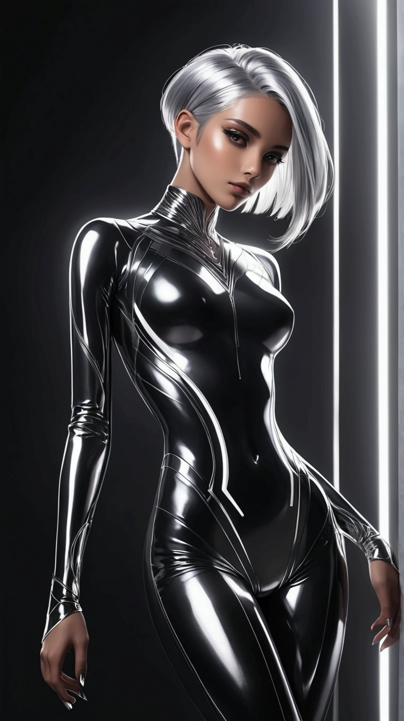 Best quality,Super Fine,Ultra-realistic,Futuristic costume design,Design implies flexibility,Monochromatic color scheme emanates tranquility,Surface reflects light softly,Minimalism,Simple and powerful feminine beauty,,helllady,Xill,modernism,Feminine Elements in Visual Art,Fusion of advanced technology and nature,Photorealistic rendering,1 girl,full-body shot,White Network Rabbit Ears Girl,Cyberpunk Kimono,translucent,Smooth fabric,Low-rise black leggings,Transparent Kimono Top,Monochromatic color palette,Fashion lines,Futuristic decoration,high-tech accessories,Minimalism Design,Fusion,Bold and simple,Serene expression,Cybernetic enhancement,Striking elegance,Short gray hair,Make her blue eyes shine brighter,Well-defined facial lines,Highlighting her radiant fair skin,(In concrete buildings,Realistic black shadows),Incredibly slim waist,Upward and center-pointing erect nipples,Large round breasts,Exudes sculptural beauty,Looking at the audience, anatomical correct:2,skin texture:2,3d,realistic