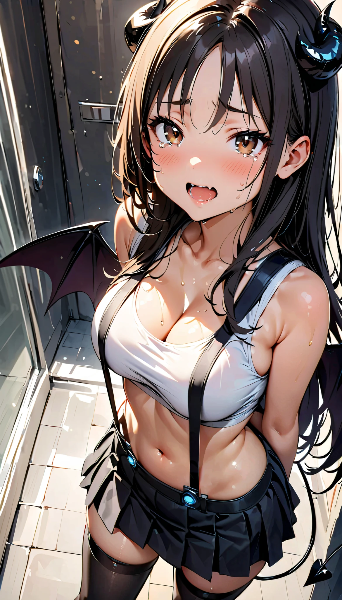 (Slender, , large breasts, cameltoe,(tented White crop top)), (cleavage, midriff,くびれ), (white crop top, (suspenders), black pleated miniskirt), white panties, (1girl, Reica Shimohira, GANTZ), long hair, brown eyes, black hair, beautiful detailed eyes, (cute eyes), black thigh highs, (demon horns, demon girl, demon wings, demon tail, demon wings), arms behind back, (Carving Waistline), Shower room, (cowboy shot, from above), Best Quality, Super detailed, masterpiece, Ultra-high resolution, 8k, Embarrassing, blush, Nice, (With tears in my eyes), open mouth, sweat