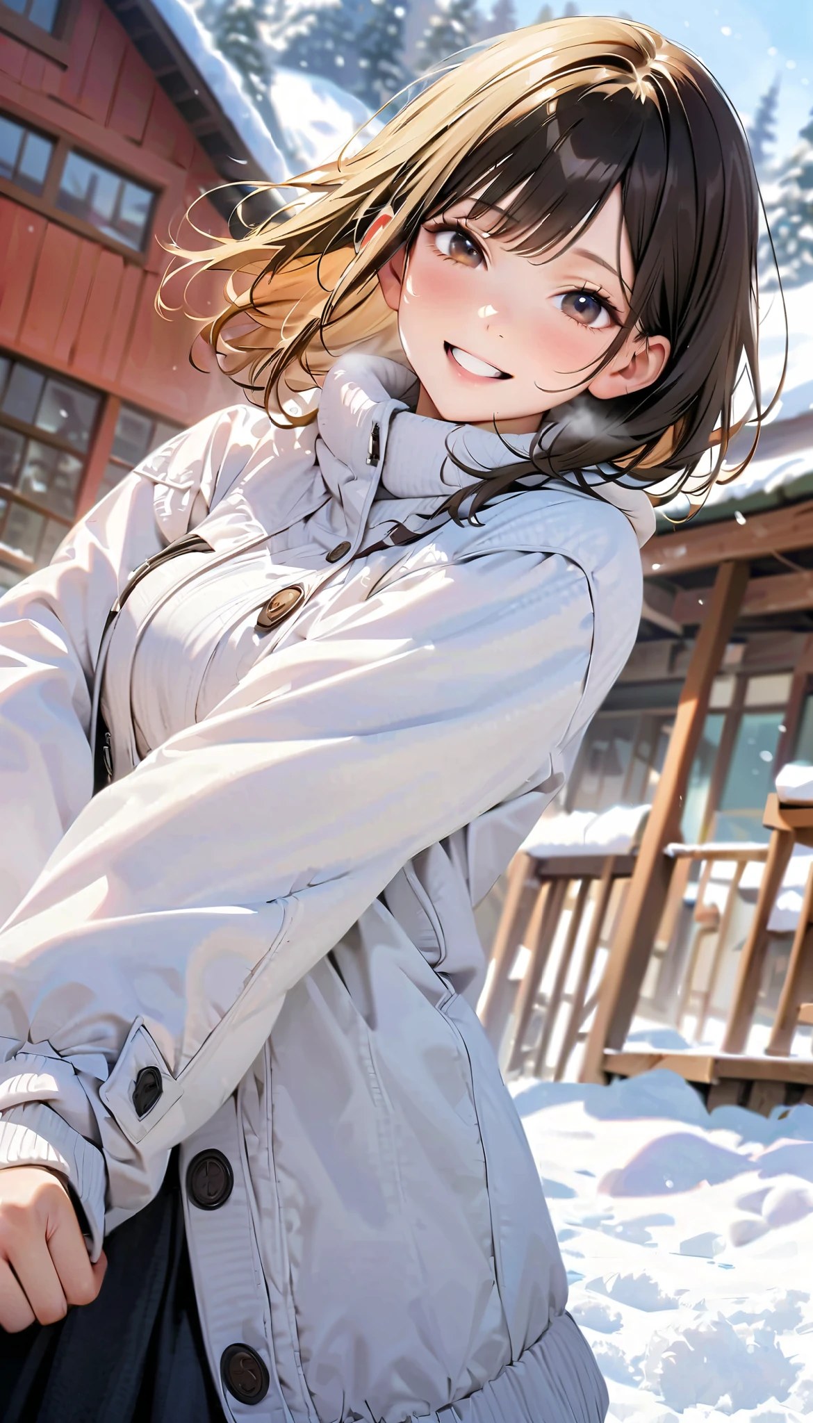 Snow cave in snow country, Sweater and skirt, wonderful, masterpiece, At night, Smiling cute, squat, Look straight ahead
