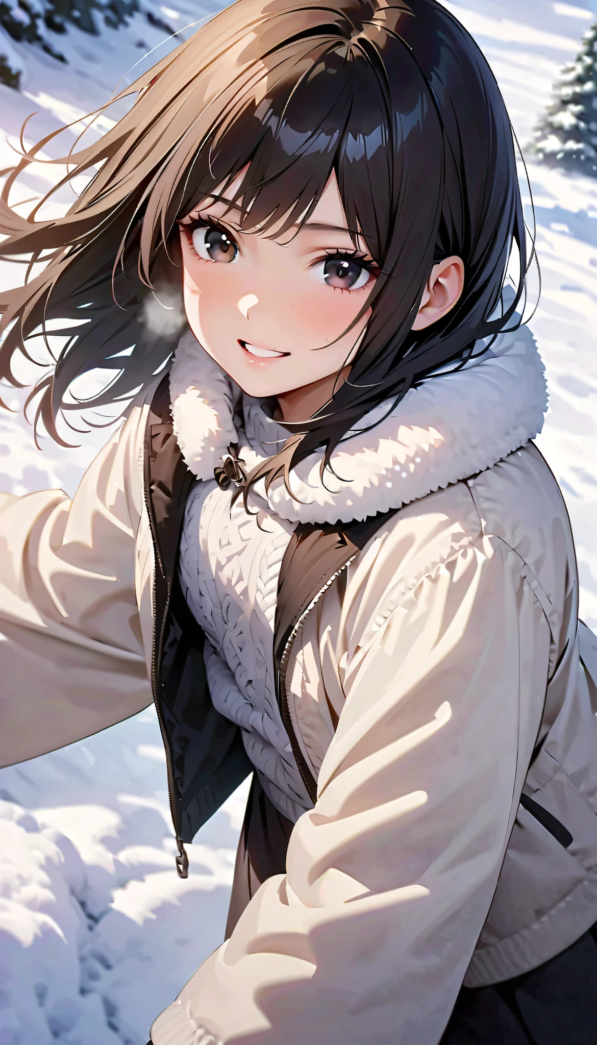 ( best quality :1.2, very detailed, Latest, lively, best quality , Aesthetics at its best) , Face Up Shot, ((( very detailed目と顔))), Official Art, 8k Ultra HD, very detailed, Delicate and dynamic, blurred background , Outdoors, daytime, Hiku Snow Scenery , there's snow on the ground, it's snowing, Falling Snow, winter, White World, is dazzling, one woman, 2.5D, smile, black eyes, black hair, short, pees on a very young , flat chest, Fluffy winter clothes, Get excited, dynamic pose, dynamic angle, Realistic, her breath is white