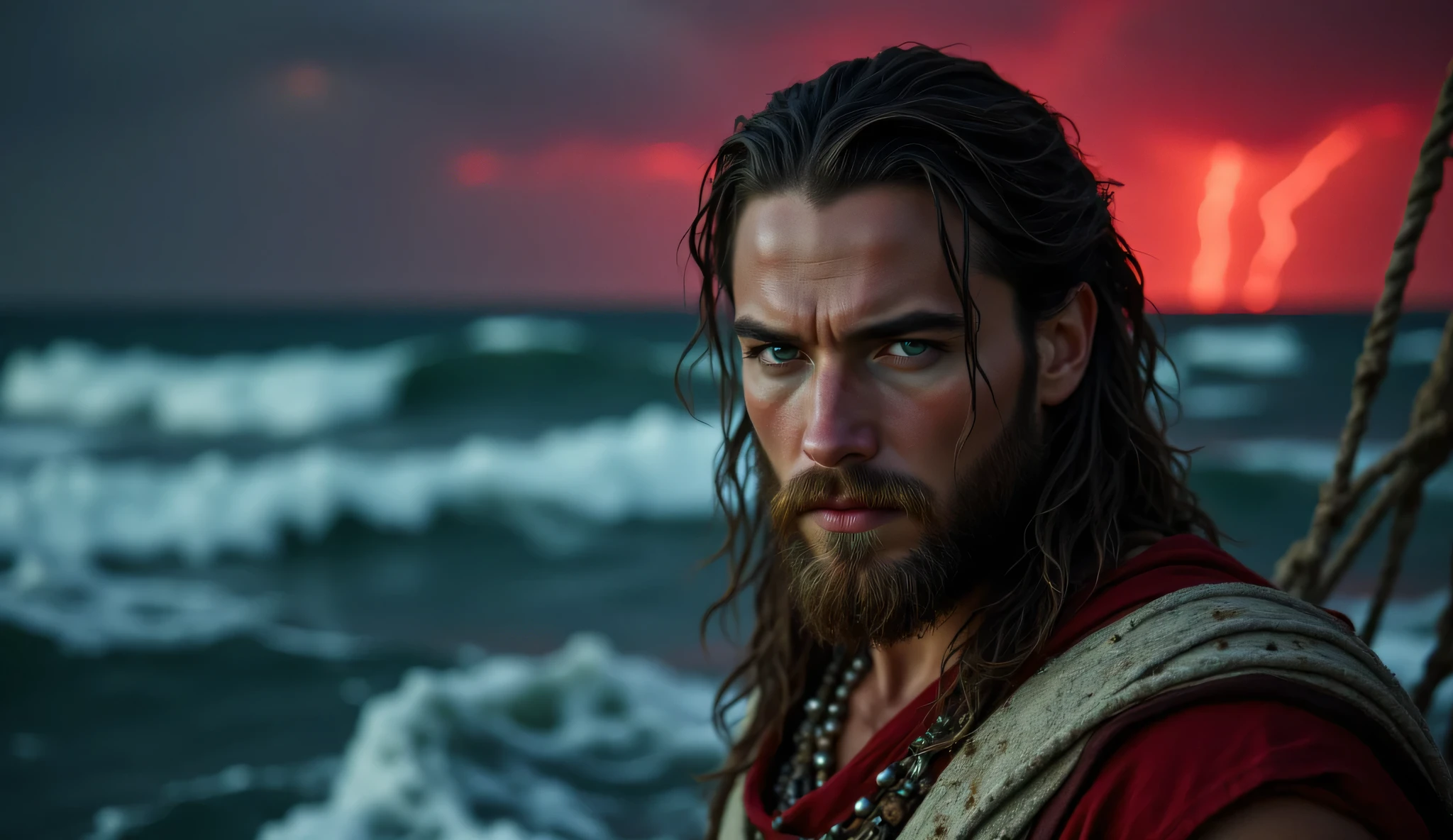 close up Perseus the ancient greek hero stands on a ship in the middle of the sea. Perseus is wearing classic greek war clothes without a helmet, with a determined face. The sea is dark and rough, the sky is overcast with red lightning. camera focus on perseus face Kodak Vision3 500T