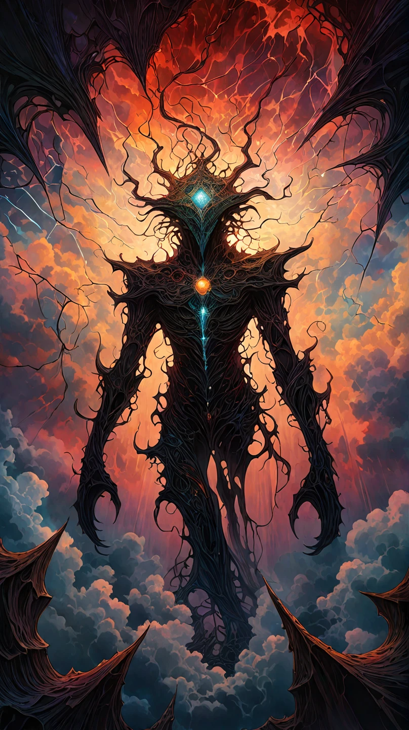 Estilo Fantasia, A creature made of dark matter that deforms and regenerates constantly. His form is that of a normal male human being. But, On top of the head there is a kind of floating halo. Ademais, nas suas costas, He has a pair of floating wings that are not connected to his body.