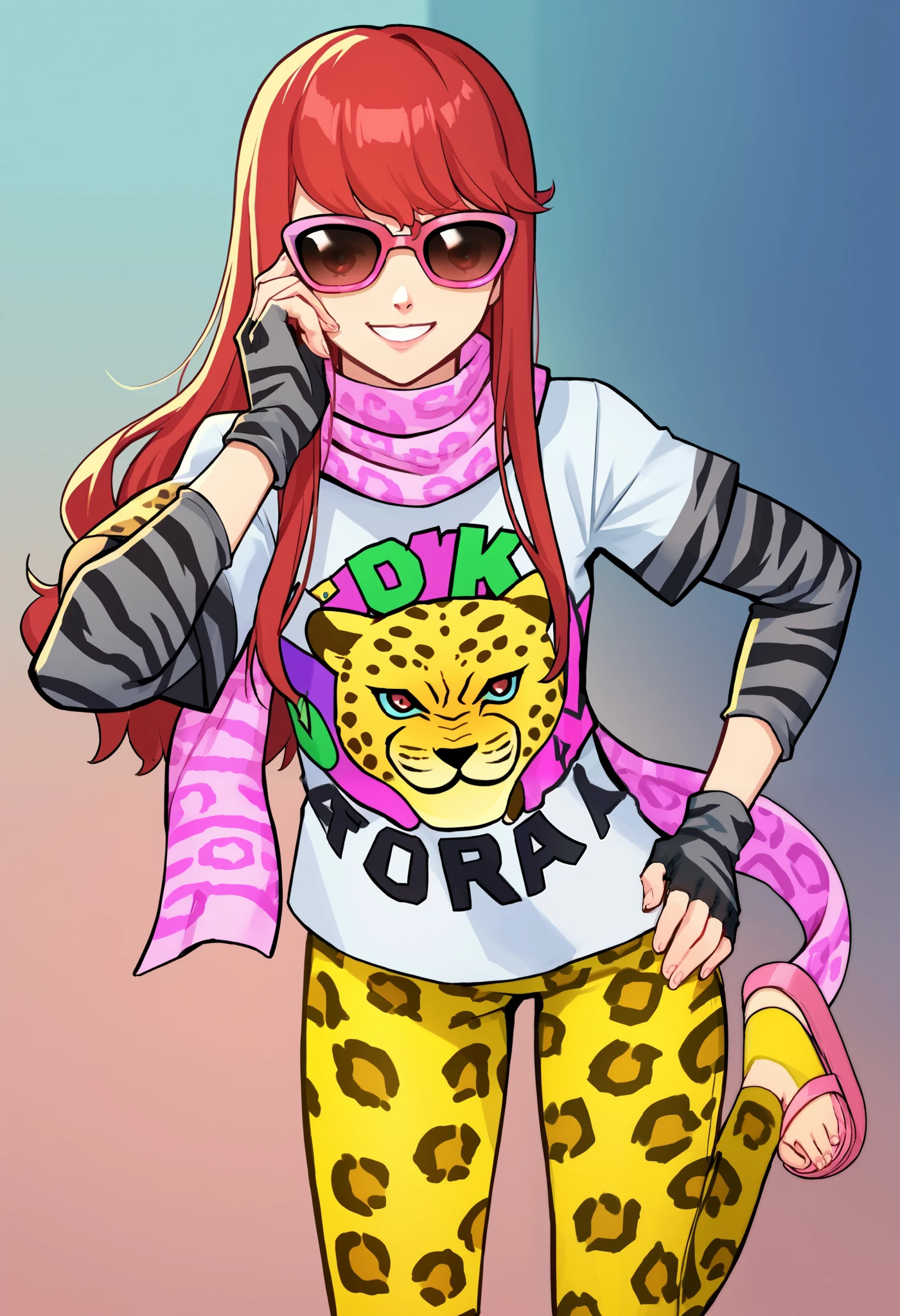 score_9, score_8_up, score_7_up, source_anime, BREAK 1girl, cowboy shot, looking at you, smile, hand on own cheek, wildSumi, long hair, hair down, sunglasses, leopard print, print scarf, print shirt, clothes writing, layered sleeves, striped sleeves, fingerless gloves, yellow leggings, green socks, pink sandals