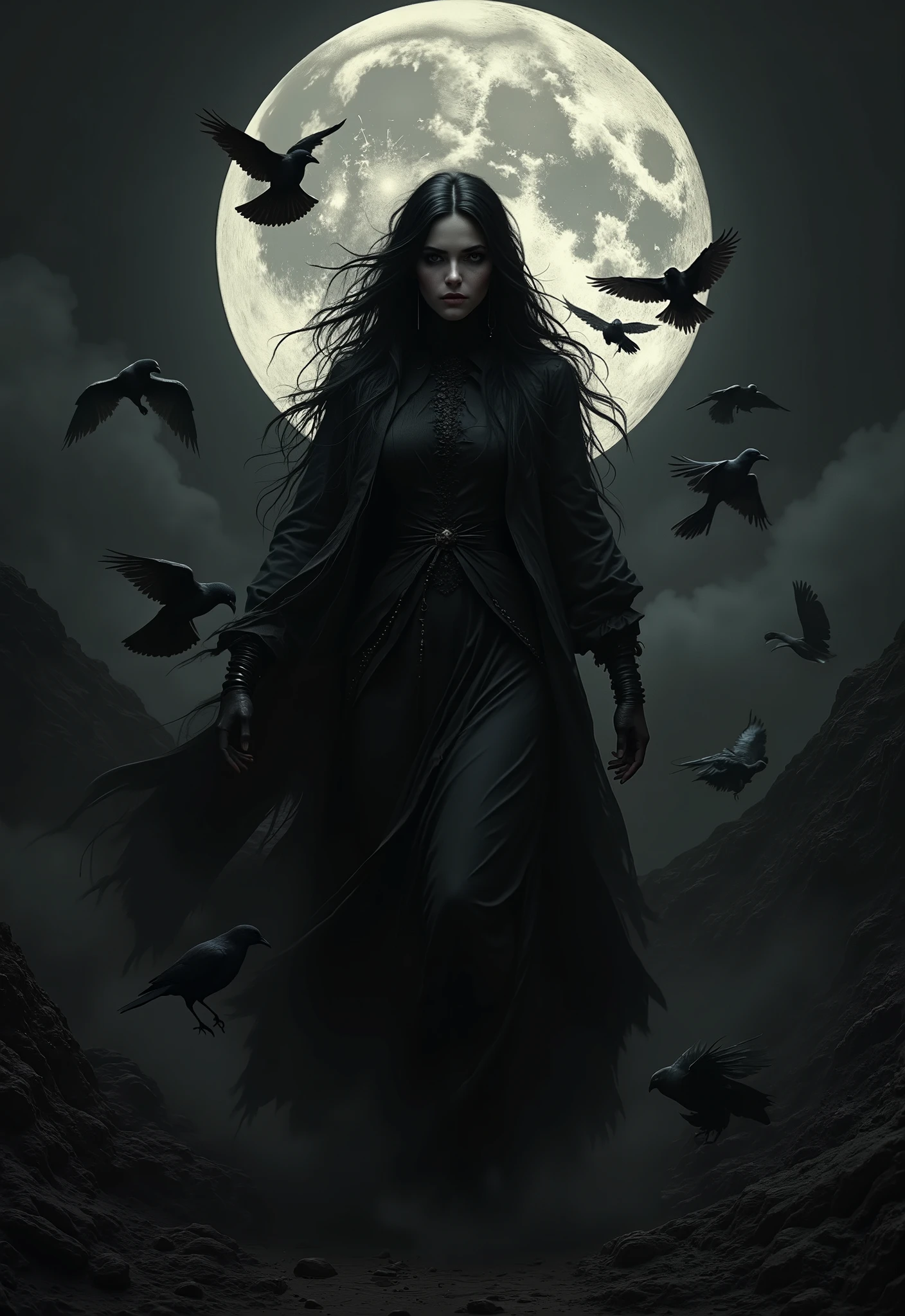 style macabre heart of the Black Desert a woman ral-dissolves shrouded in shade is , Alone, her form a deeper shade within the all-encompassing darkness, performing a mysterious ritual known only to her , moving with precision and grace through the thick tangible obscurity surrounding the , the ritual of sculpting empty paths in the emptiness itself , a huge harvest moon in the background , moon light filters through the darkness illuminating her form, crows crowd around her attracted by the enigmatic aura of this sculptor of the invisible, estilo de Russ Mills e Tyler Shields, . dark, Gothic, Grim, amazing, extremely detailed,