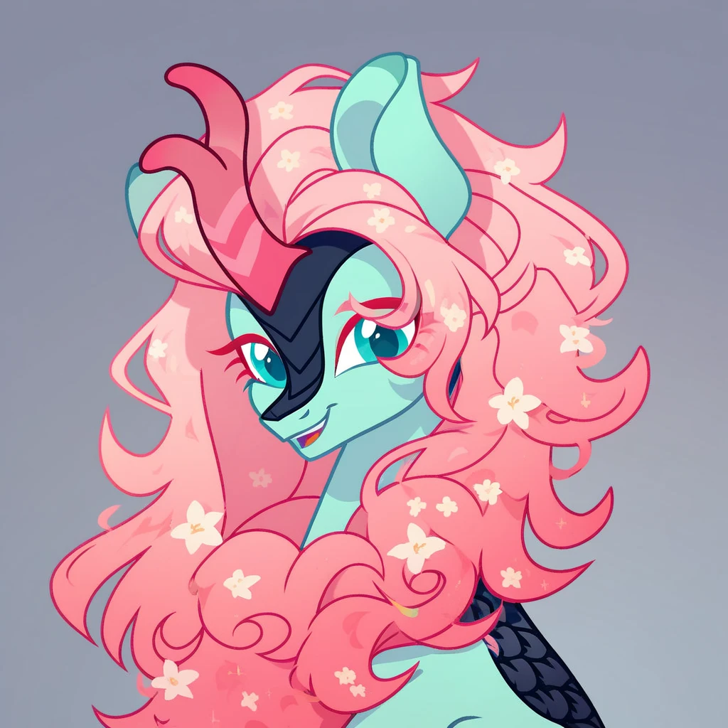 Create a My Little Pony character that is a blue unicorn with a blue horn and pink hair who wears a simple black collar