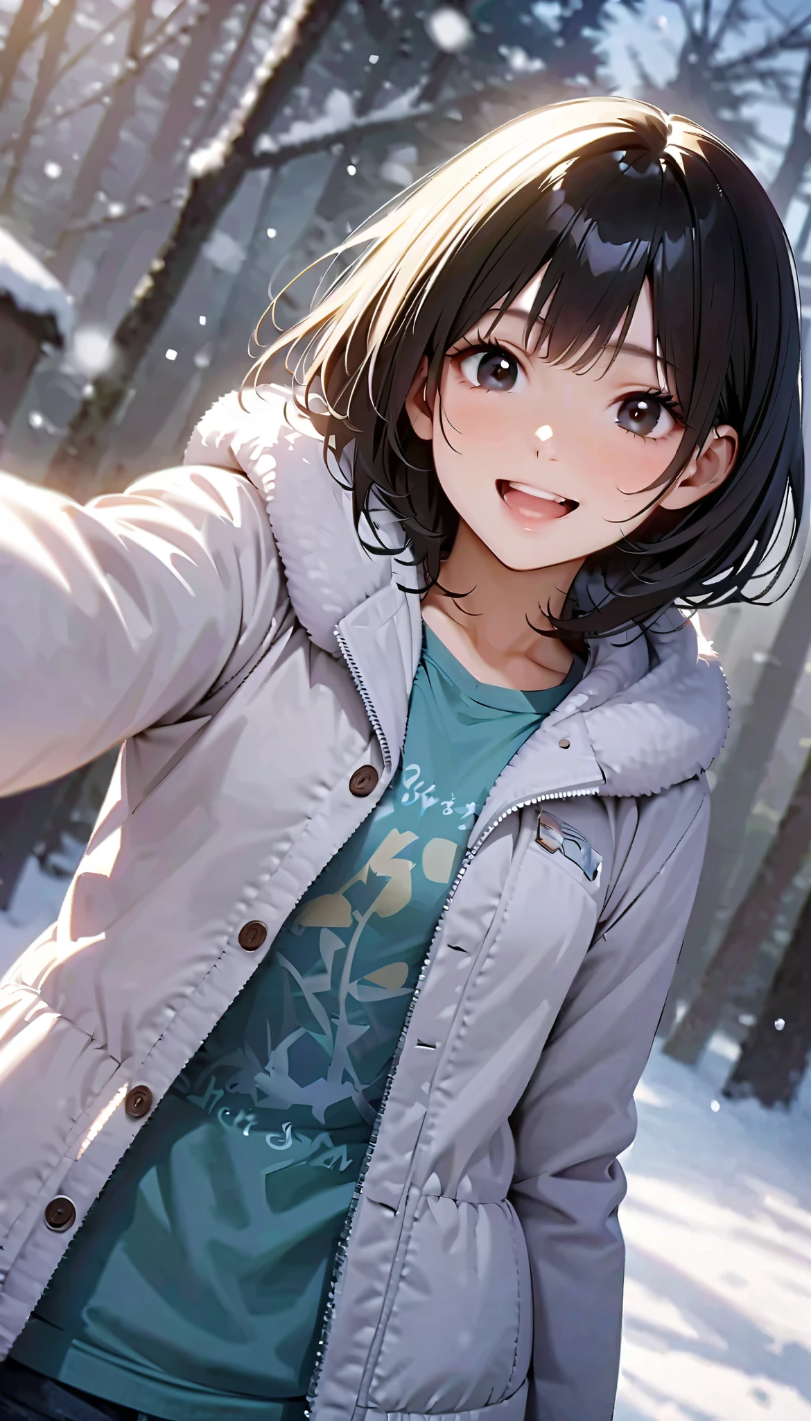 ( best quality :1.2, very detailed, Latest, lively, best quality , Aesthetics at its best) , Face Up Shot, ((( very detailed目と顔))), Official Art, 8k Ultra HD, very detailed, Delicate and dynamic, blurred background , Outdoors, daytime, Hiku Snow Scenery , there's snow on the ground, it's snowing, Falling Snow, winter, White World, is dazzling, one woman, 2.5D, smile, black eyes, black hair, short, pees on a very young , flat chest, Fluffy winter clothes, Get excited, dynamic pose, dynamic angle, Realistic, her breath is white