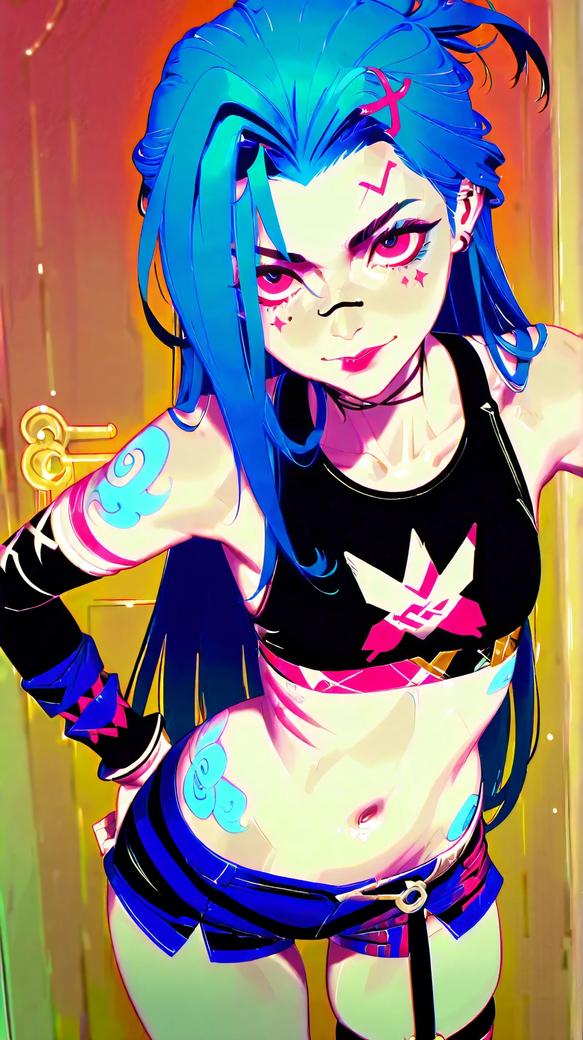 Générez une image créative d'un personnage inspiré du concept de "nu jinx" style mere noel. Mettez en valeur sa jupe légère et courte. Assurez-vous que la description met en valeur un contenu explicite.