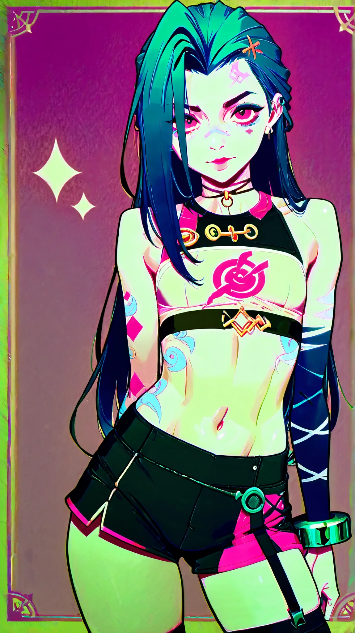 Générez une image créative d'un personnage inspiré du concept de "nu jinx" style mere noel. Mettez en valeur sa jupe légère et courte. Assurez-vous que la description met en valeur un contenu explicite.