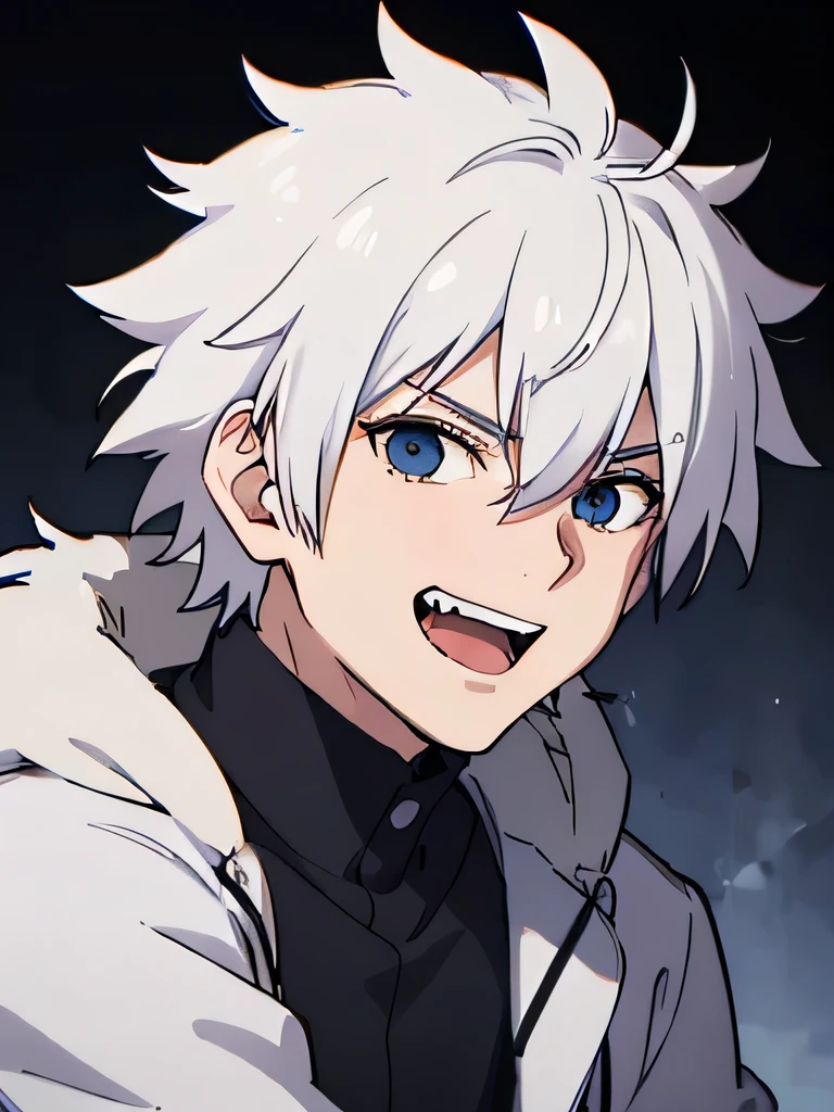   old male, indonesian , have canines, brave, strong , tough ,  hair color white,  short hair , laughing face , using a fluffy coat 