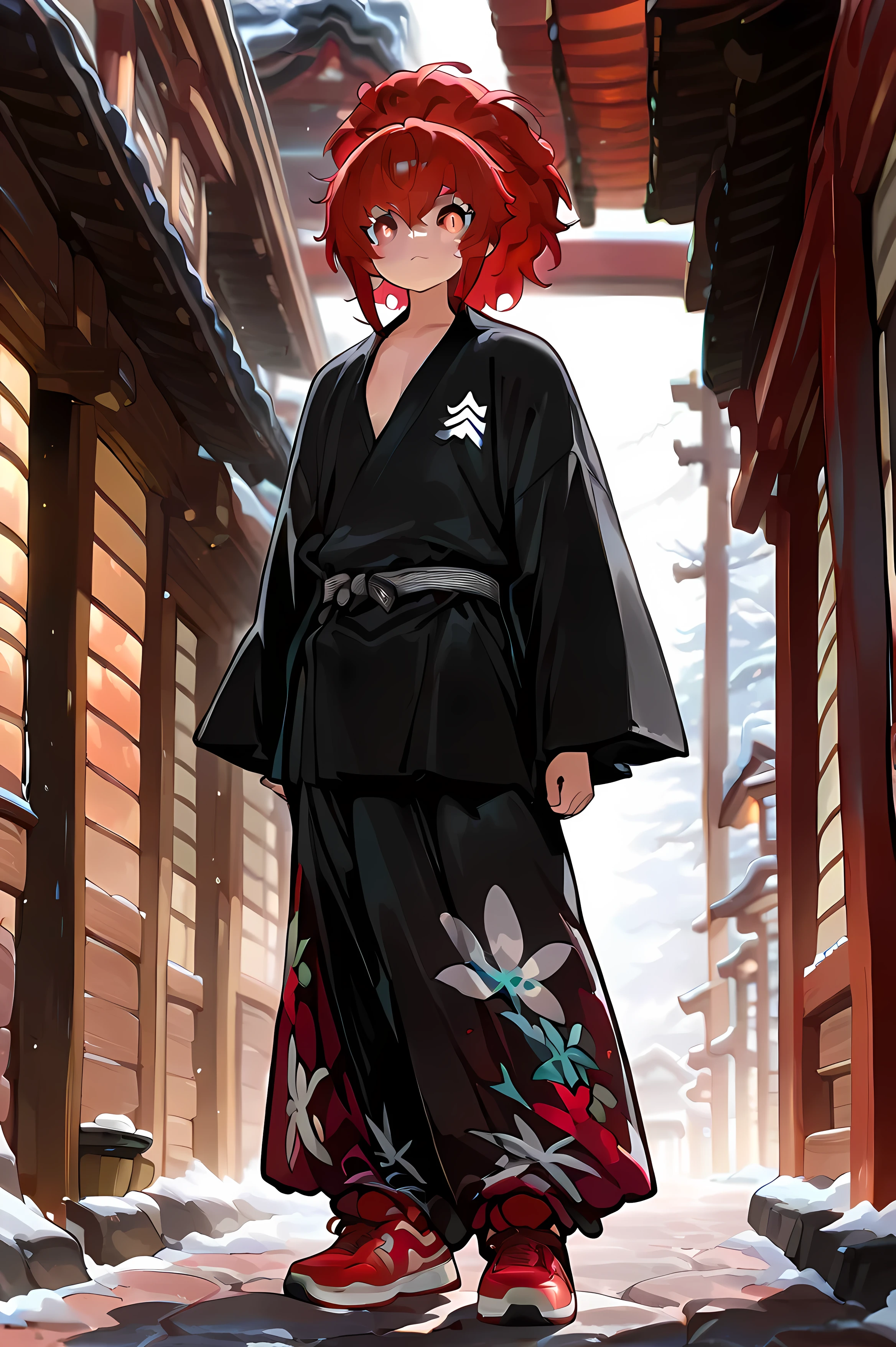 (Rulax: man, short wild messy red hair), standing looking at the viewer, ( red oversized yukata, black shirt, oversized pants, red sneakers), Persona 5 style, ((1man, solo)), (Best quality,Exquisite facial features,Warming lighting,UHD)